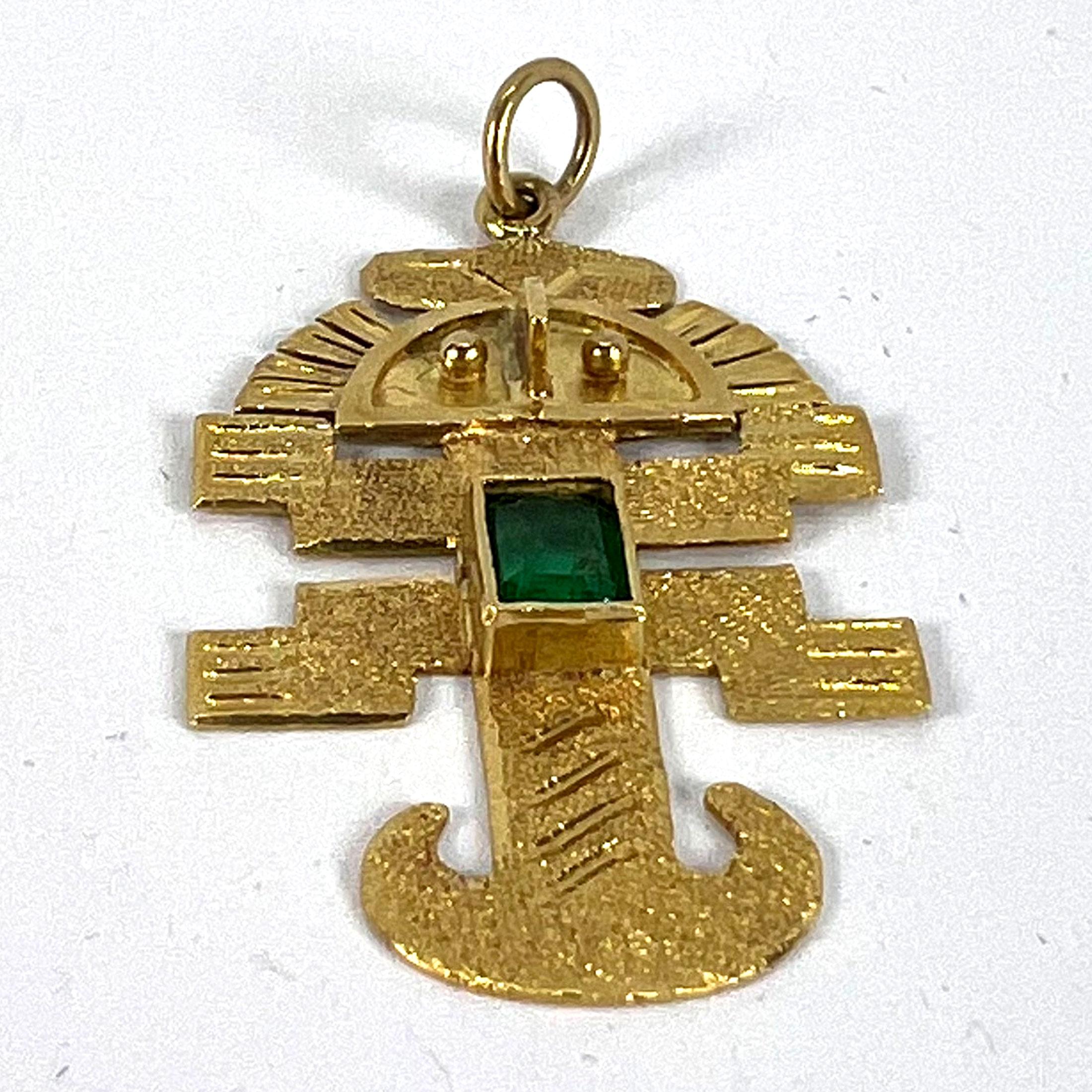 Vintage Aztec Inca God Icon 18K Yellow Gold Emerald Charm Pendant For Sale 9