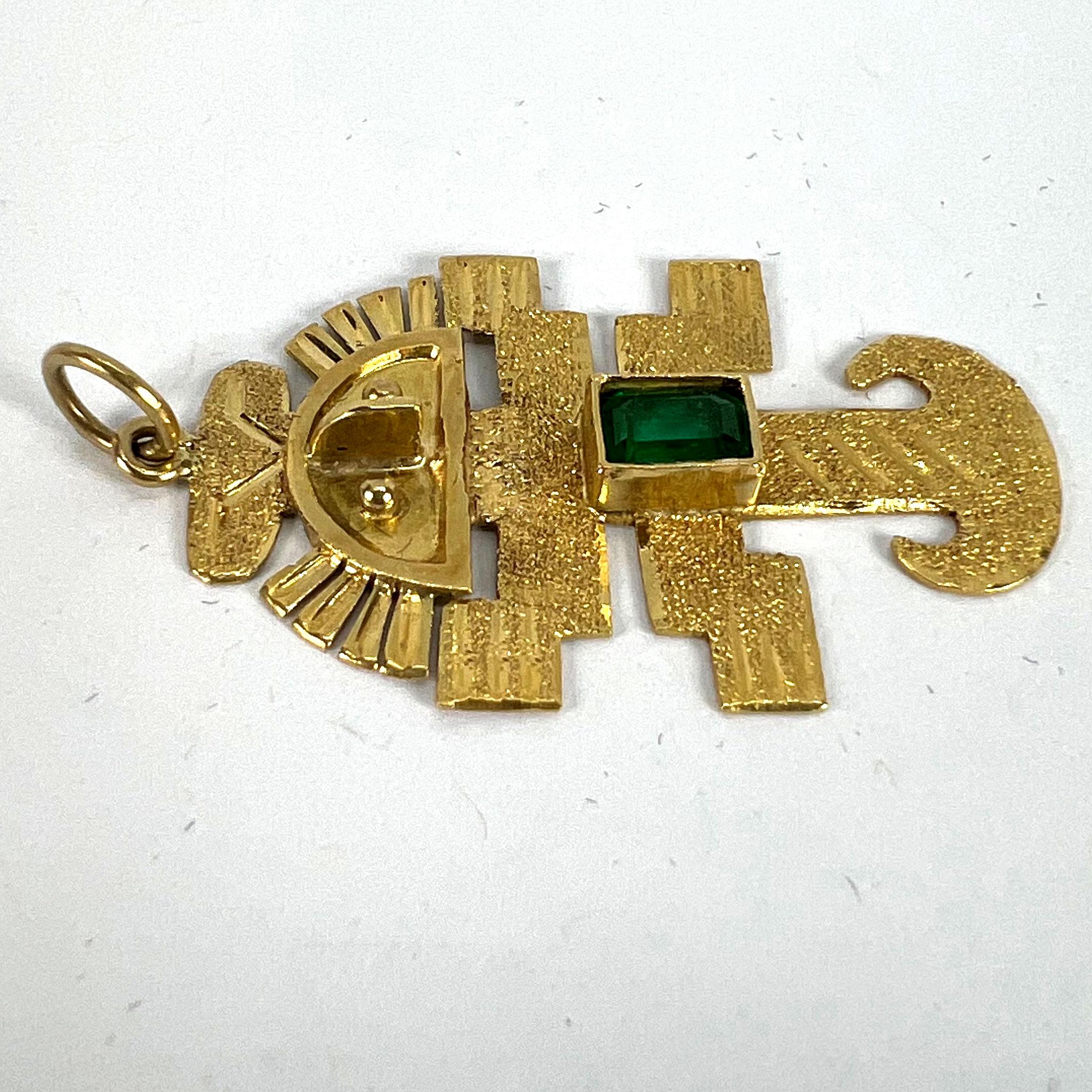 Vintage Aztec Inca God Icon 18K Yellow Gold Emerald Charm Pendant For Sale 10
