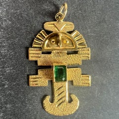 Vintage Aztec Inca God Icon 18K Yellow Gold Emerald Charm Pendant