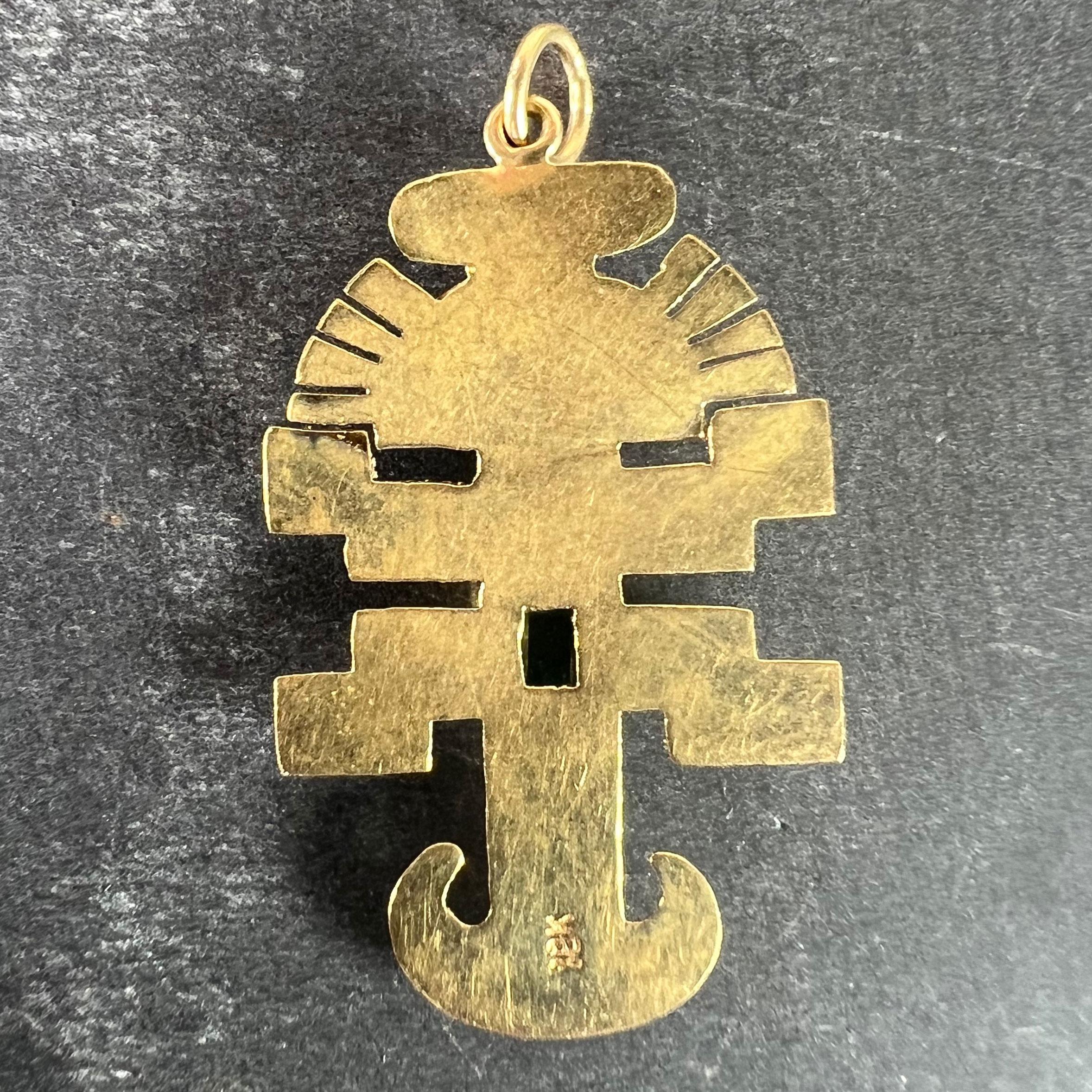 Emerald Cut Vintage Aztec Inca God Icon 18K Yellow Gold Emerald Charm Pendant For Sale