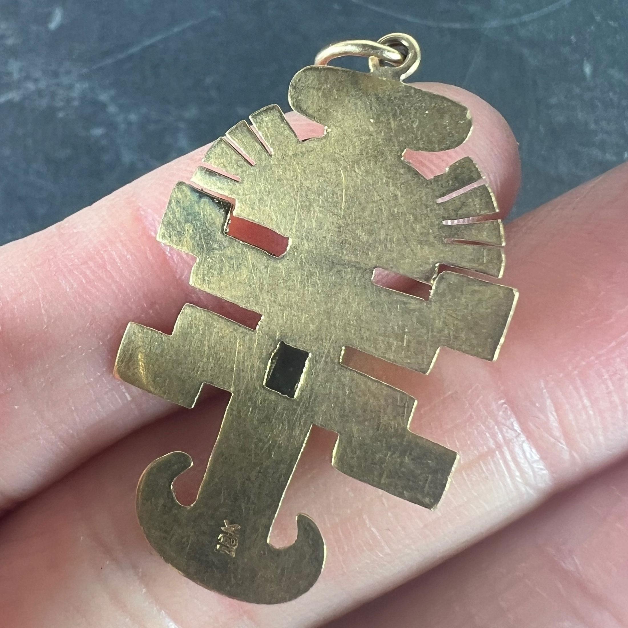 Vintage Aztec Inca God Icon 18K Yellow Gold Emerald Charm Pendant For Sale 3