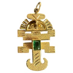 Vintage Aztec Inca God Icon 18K Yellow Gold Emerald Charm Pendant