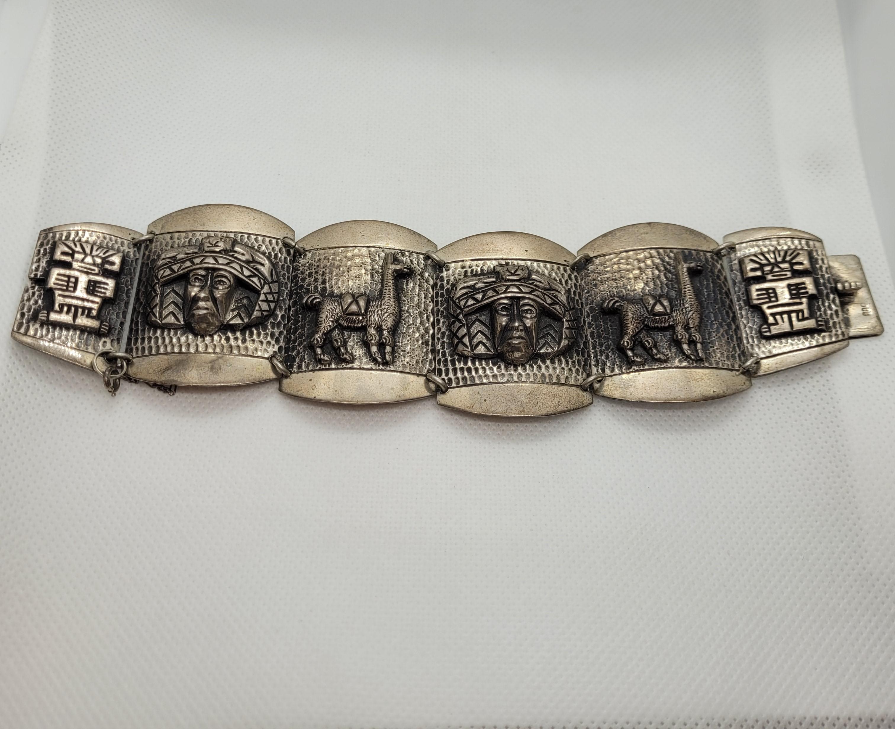 Aztec Mayan Design Silberarmband, 70 Gramm, Sicherheitskette, 7,5 Zoll Damen im Angebot
