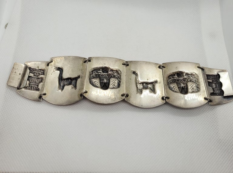 Vintage Aztec Mayan Design Silver Bracelet 70 Grams Safety Chain For