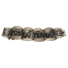 Vintage Aztec Mayan Design Silver Bracelet, 70 Grams, Safety Chain
