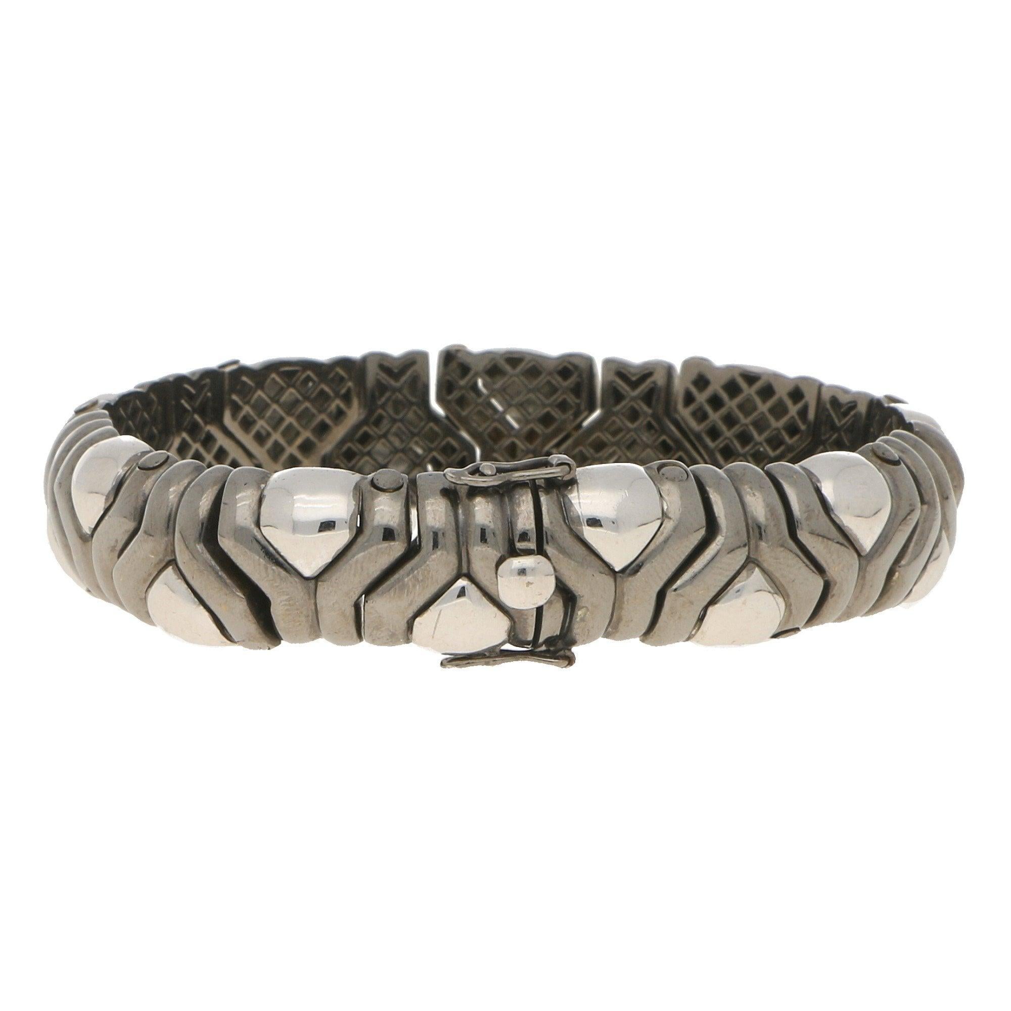 Women's or Men's Vintage Italian Aztec Style Mosaic Bracelet in Black and White Gold For Sale