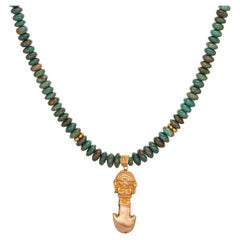 Collier aztèque vintage en or jaune 18 carats, perles de turquoise
