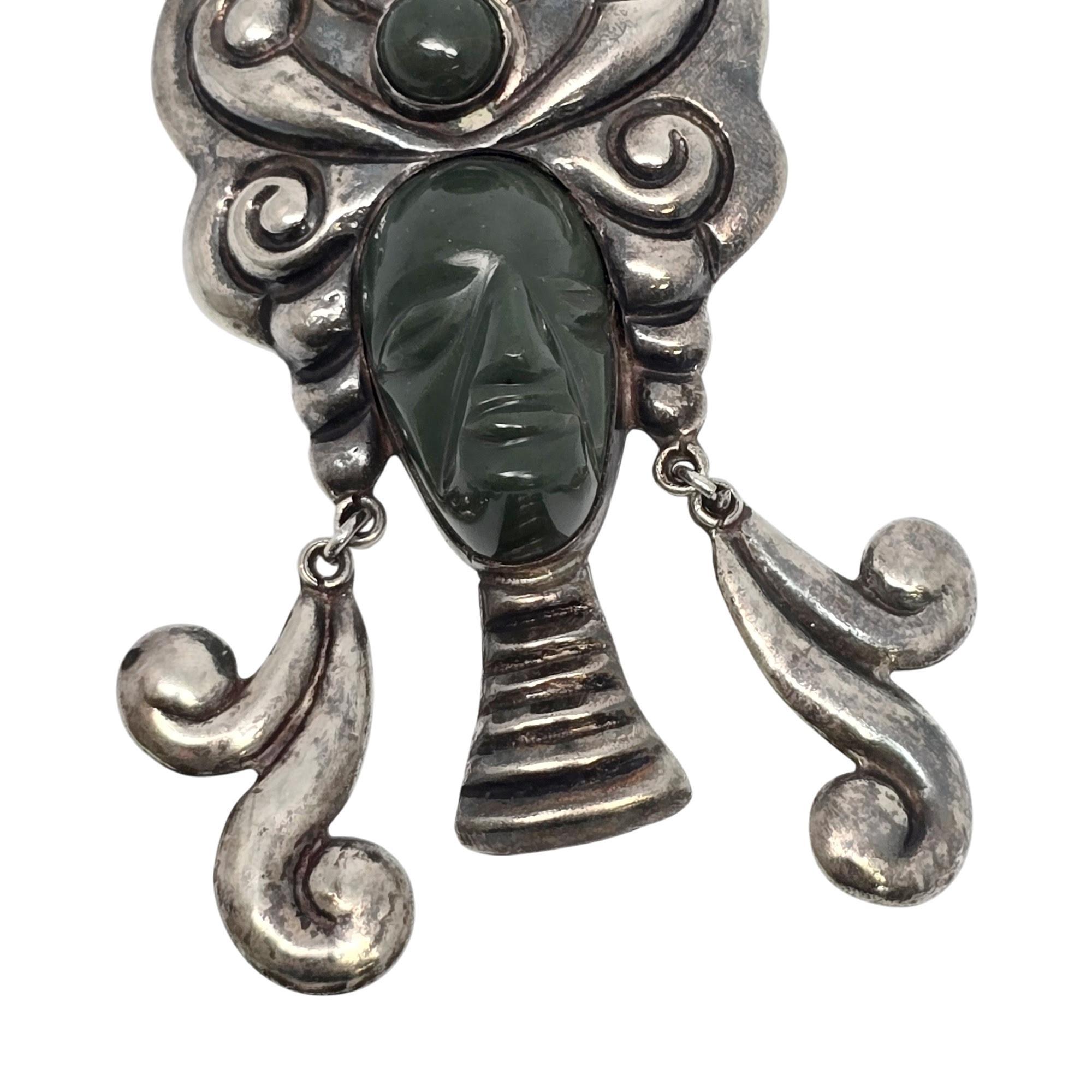 Vintage Aztec Silver Carved Face with Headdress Pin/Brooch #19778 For Sale 1