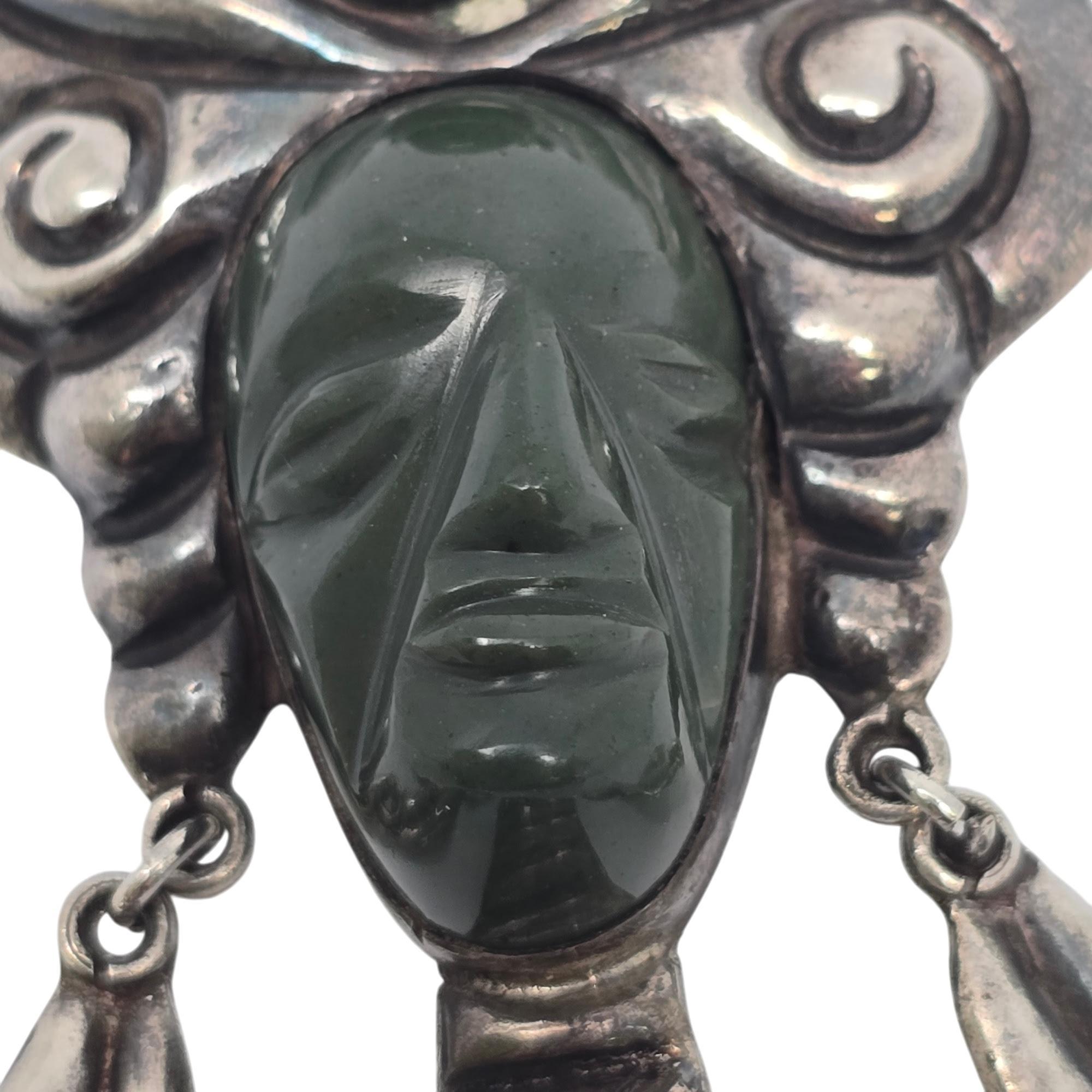 Vintage Aztec Silver Carved Face with Headdress Pin/Brooch #19778 For Sale 2