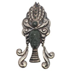 Alfiler/brillante azteca vintage de plata tallada con tocado #19778