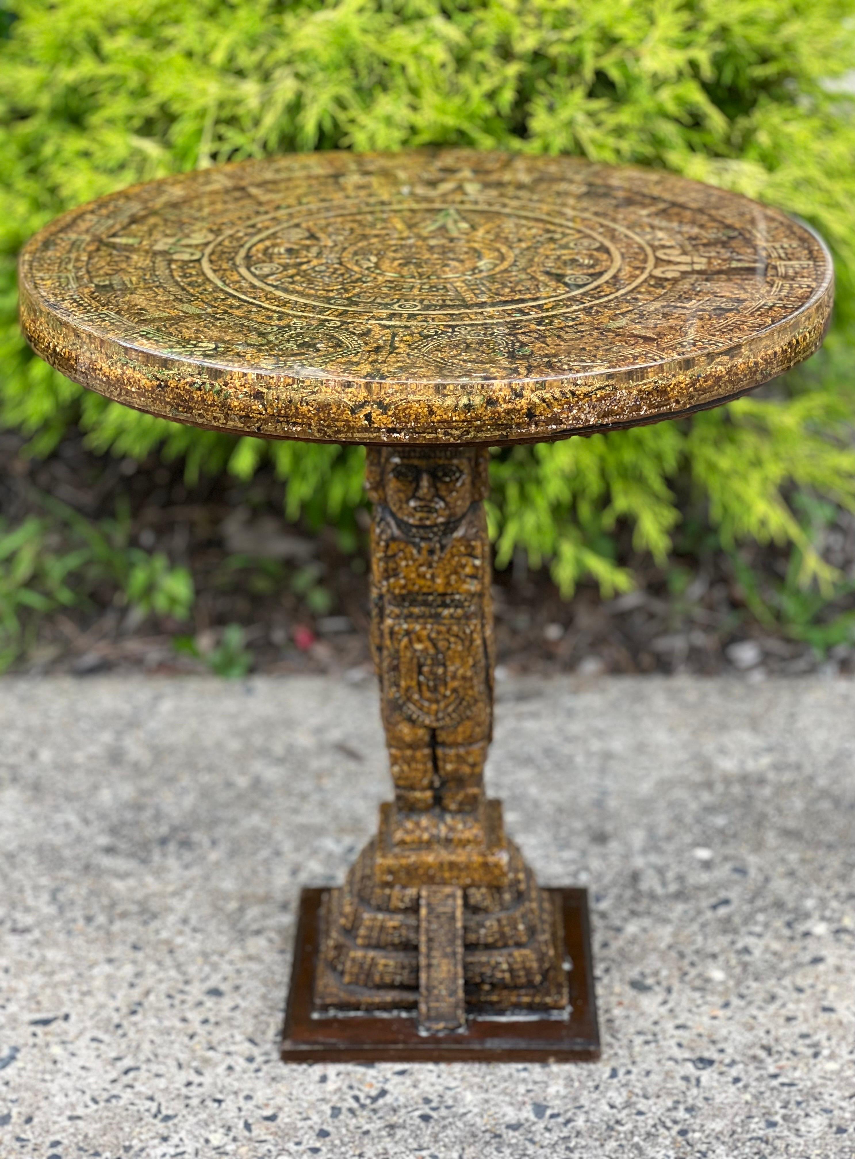 Vintage Aztec Sun Calendar Carved Stone Pedestal Table in Lucite, Mexico 7