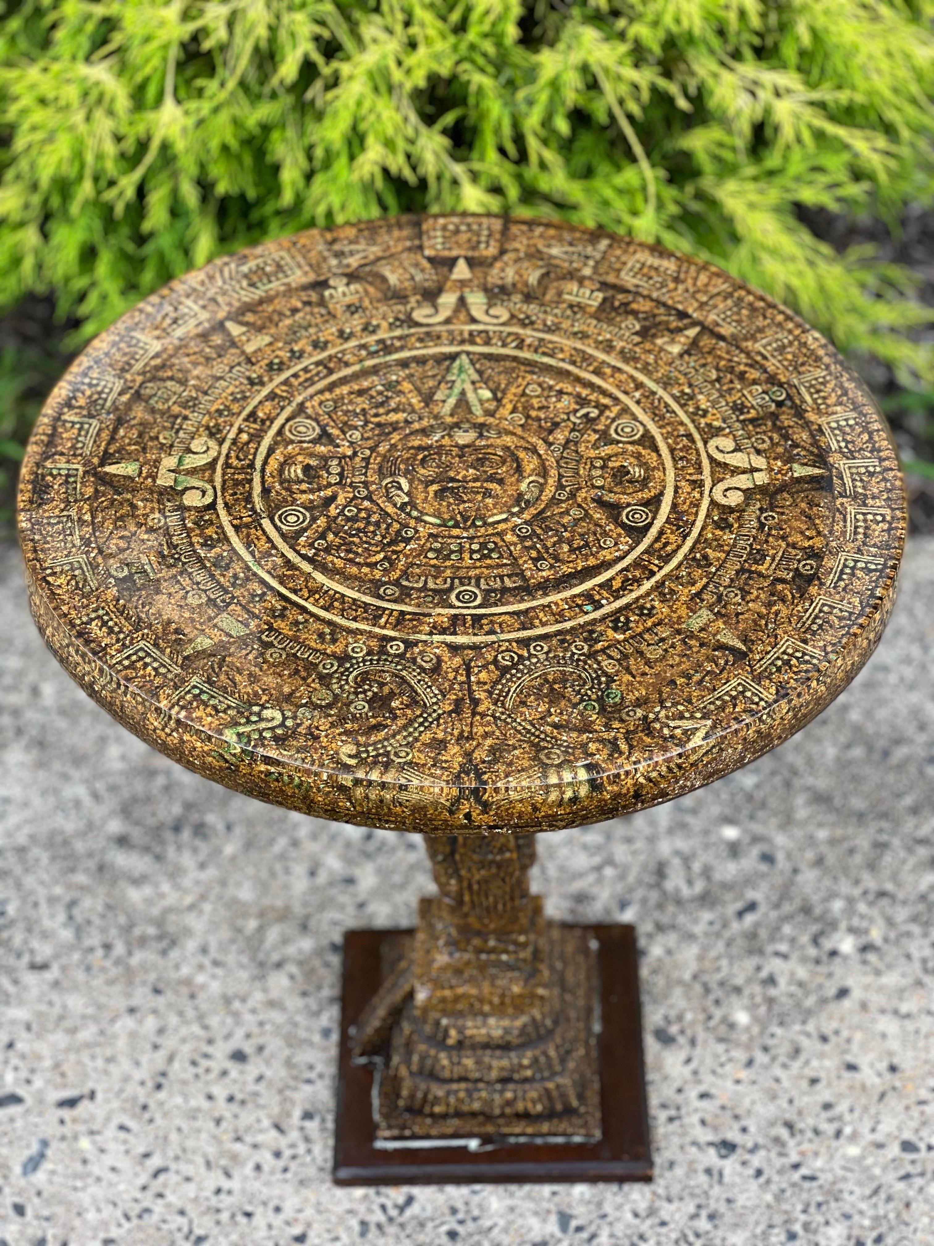 Vintage Aztec Sun Calendar Carved Stone Pedestal Table in Lucite, Mexico 2