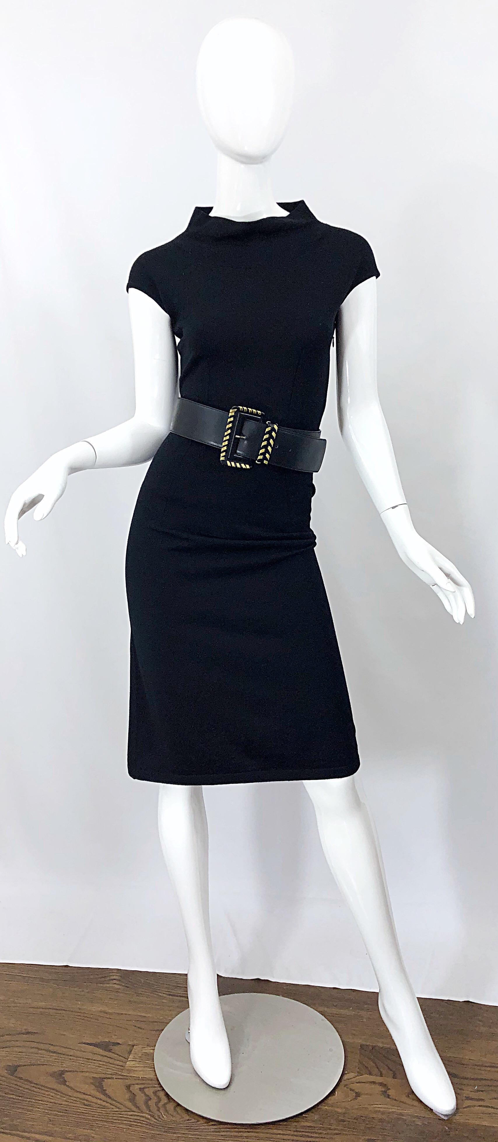 Vintage Azzedine Alaia 1980s Black Lightweight Wool Cap Sleeve Bodycon 80s Dress 6