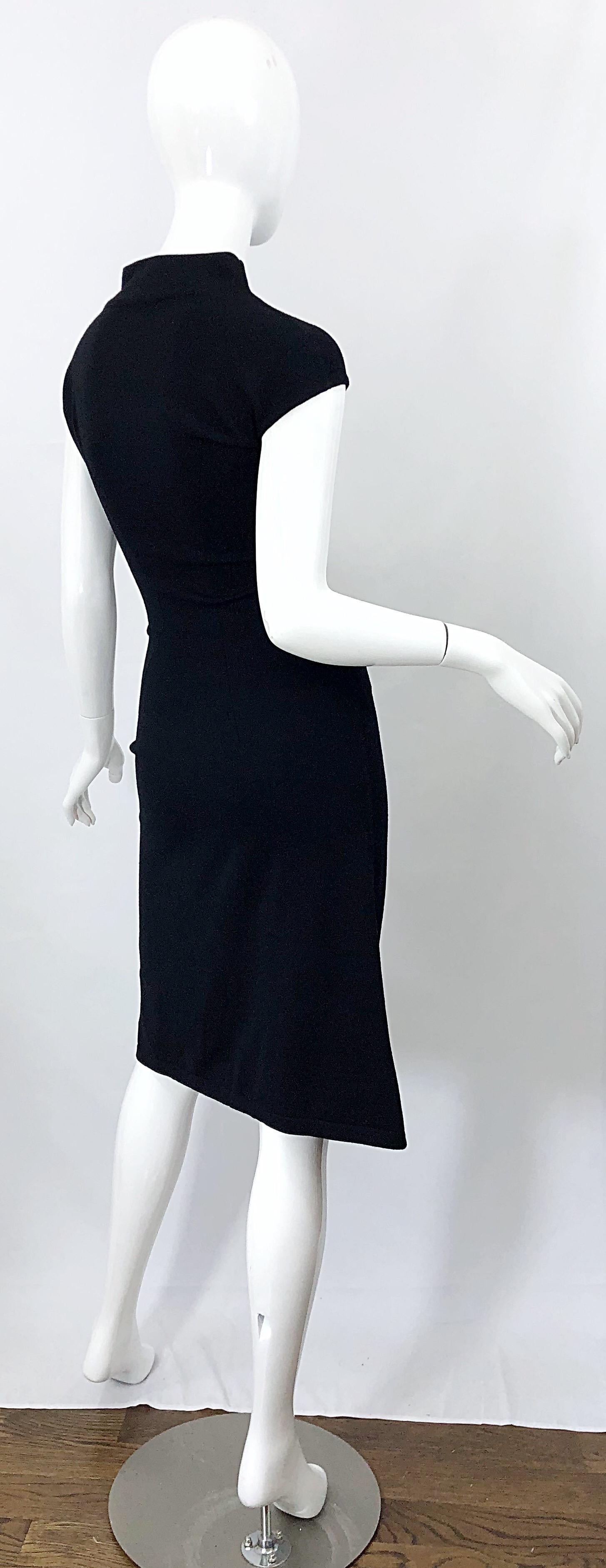 Vintage Azzedine Alaia 1980s Black Lightweight Wool Cap Sleeve Bodycon 80s Dress 8