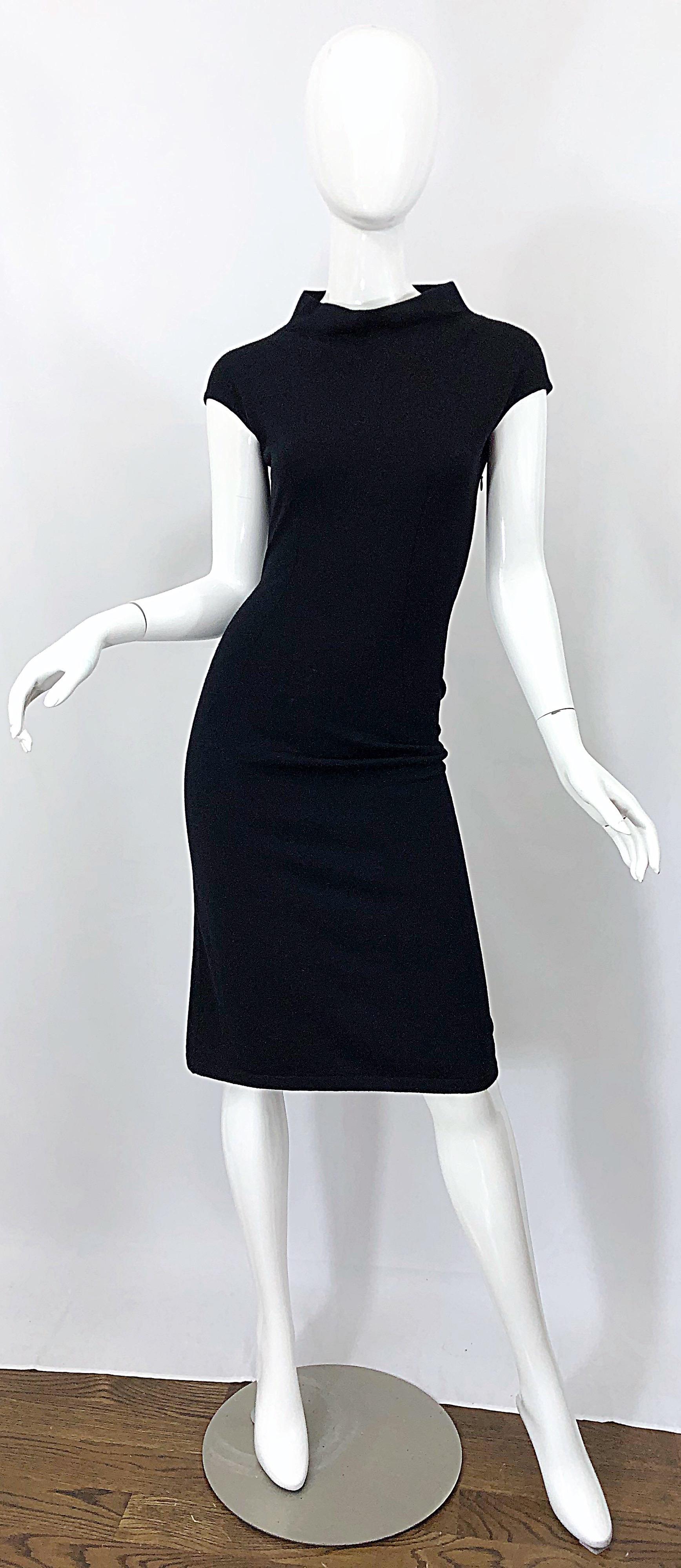 Vintage Azzedine Alaia 1980s Black Lightweight Wool Cap Sleeve Bodycon 80s Dress 9