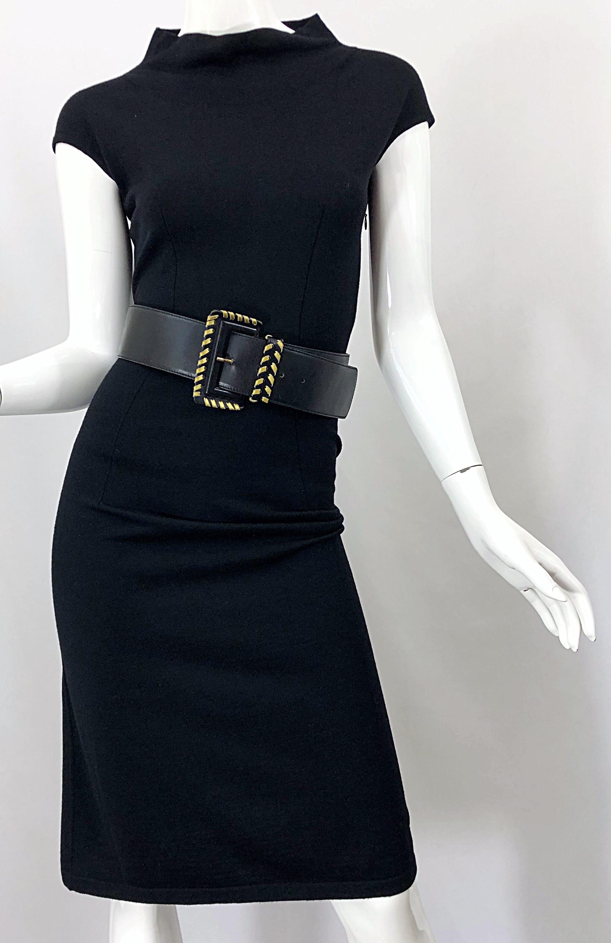 Vintage Azzedine Alaia 1980s Black Lightweight Wool Cap Sleeve Bodycon 80s Dress In Excellent Condition In San Diego, CA
