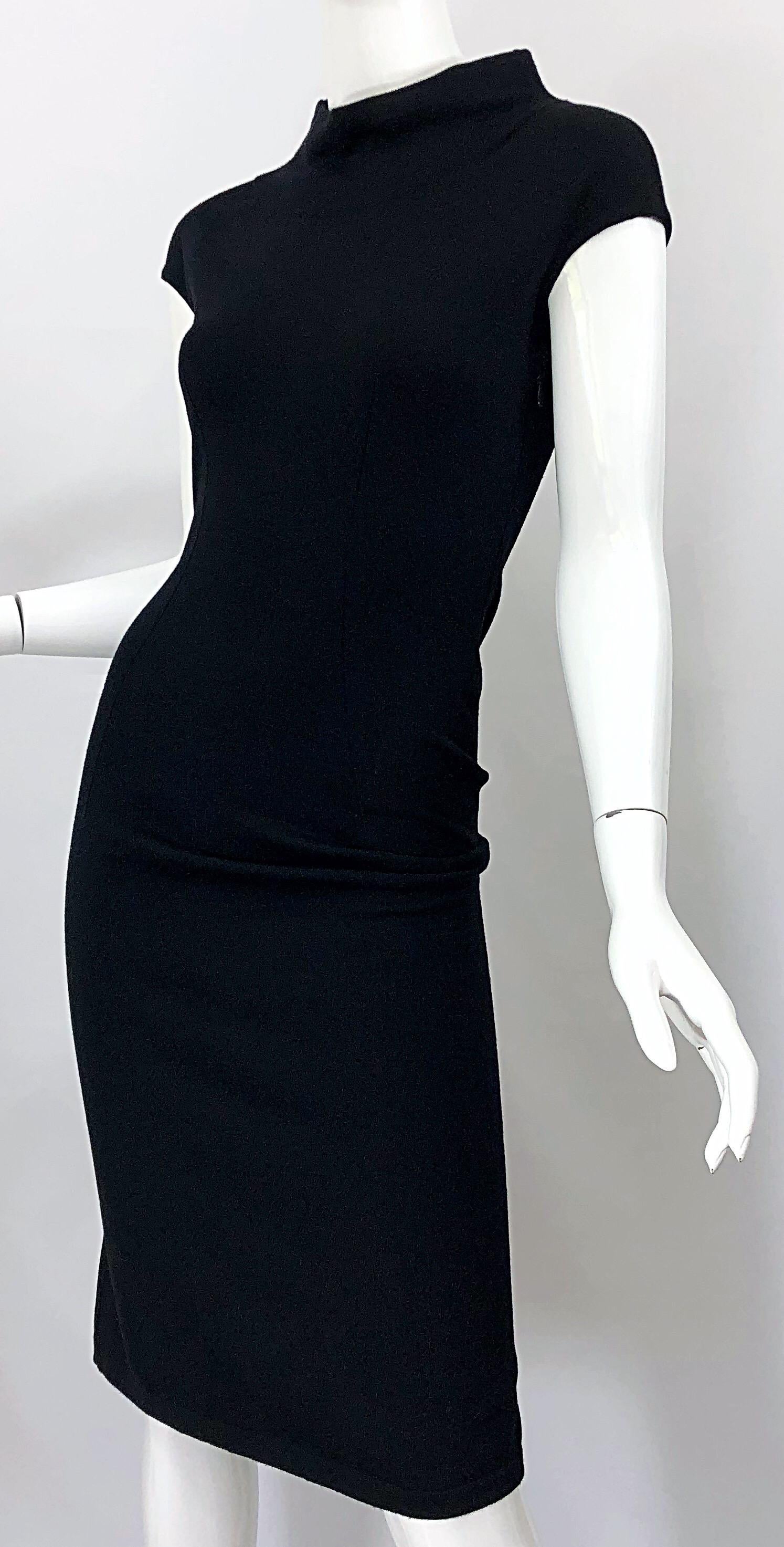 Vintage Azzedine Alaia 1980s Black Lightweight Wool Cap Sleeve Bodycon 80s Dress 1