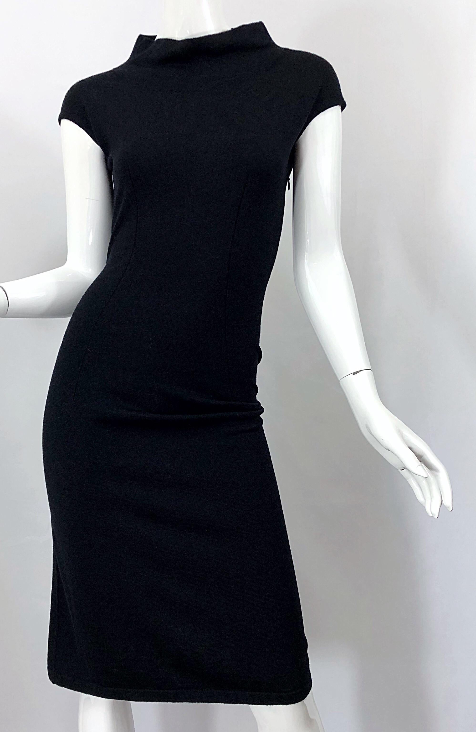 Vintage Azzedine Alaia 1980s Black Lightweight Wool Cap Sleeve Bodycon 80s Dress 2