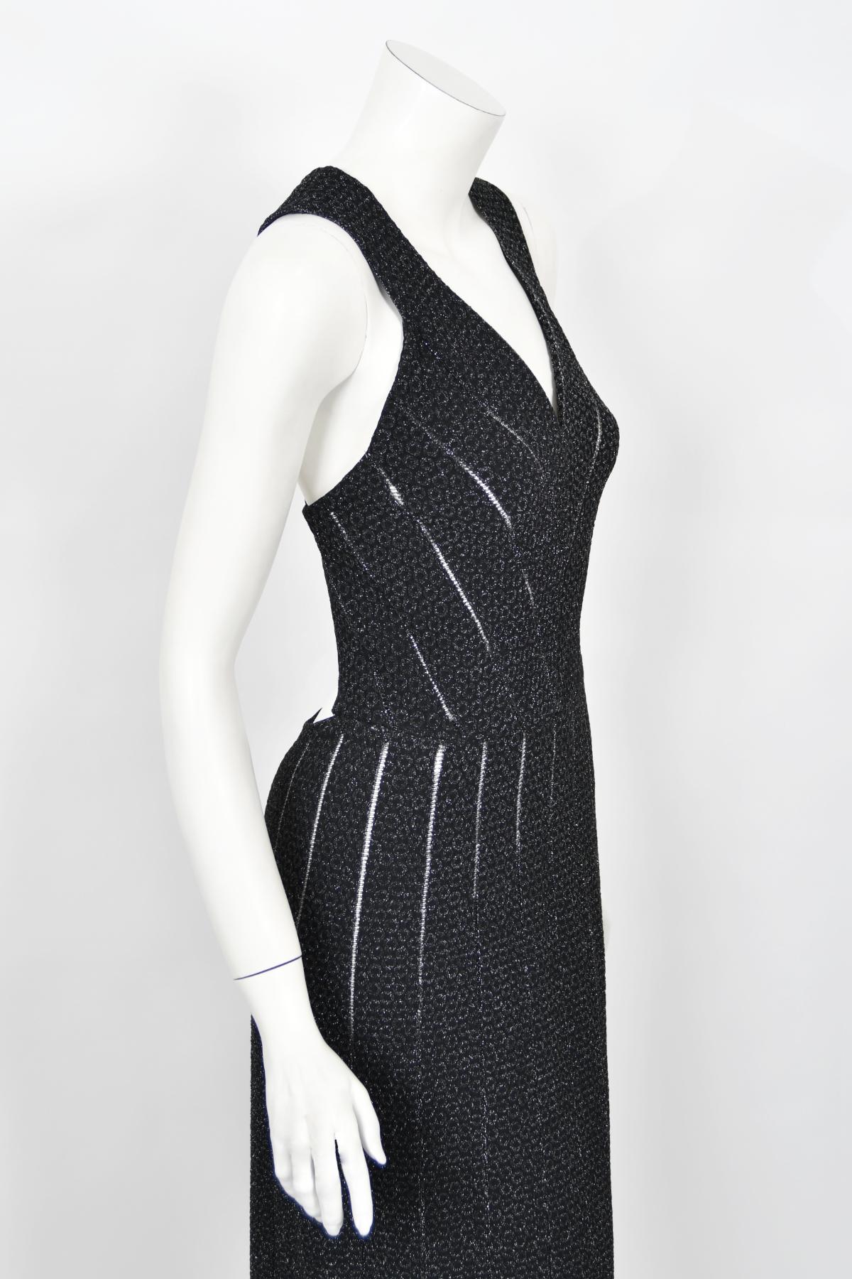 Vintage Azzedine Alaia Black Metallic Knit Bodycon Sheer Cutwork Fishtail Gown 7