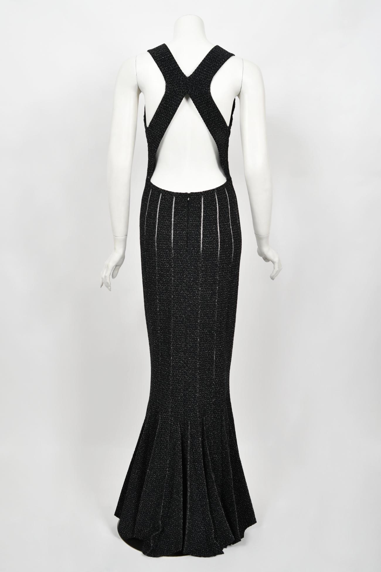 Vintage Azzedine Alaia Black Metallic Knit Bodycon Sheer Cutwork Fishtail Gown 9