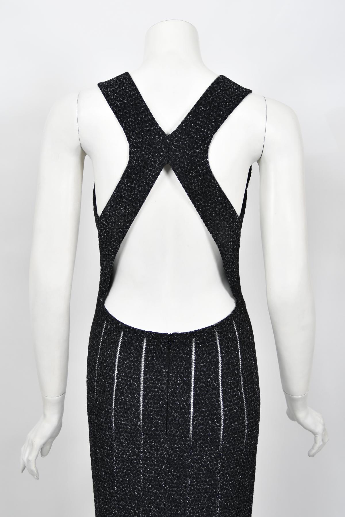Vintage Azzedine Alaia Black Metallic Knit Bodycon Sheer Cutwork Fishtail Gown 10