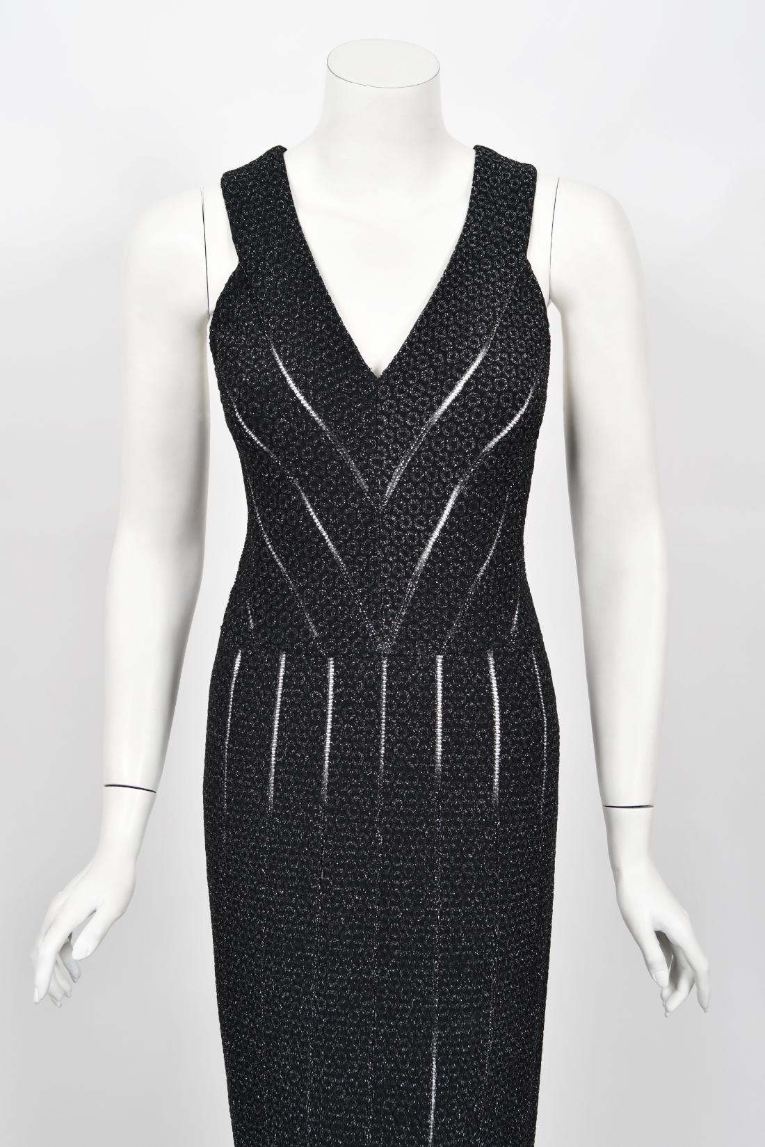 Vintage Azzedine Alaia Black Metallic Knit Bodycon Sheer Cutwork Fishtail Gown In Good Condition For Sale In Beverly Hills, CA
