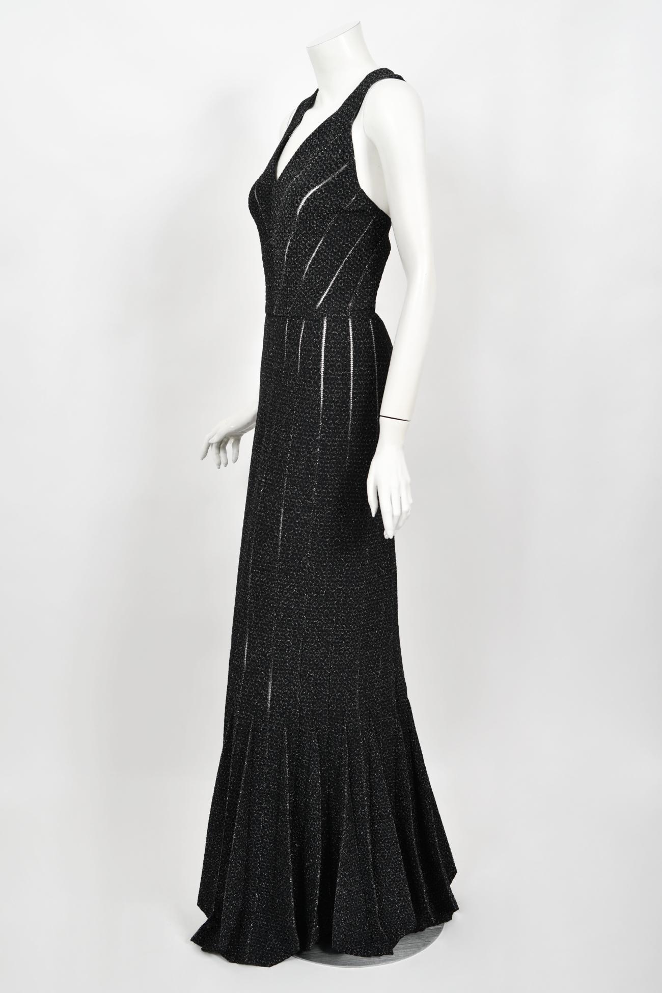 Vintage Azzedine Alaia Black Metallic Knit Bodycon Sheer Cutwork Fishtail Gown 1
