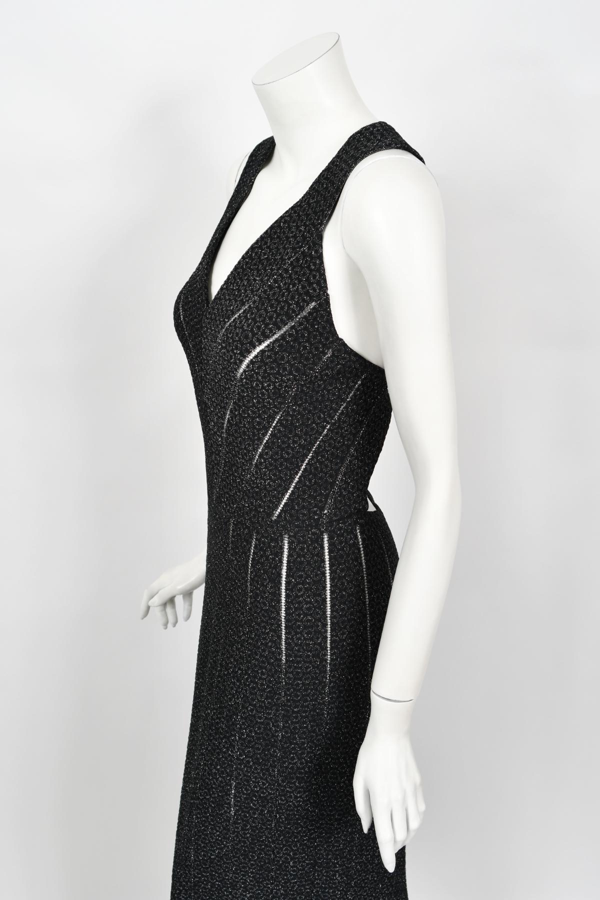 Vintage Azzedine Alaia Black Metallic Knit Bodycon Sheer Cutwork Fishtail Gown For Sale 2