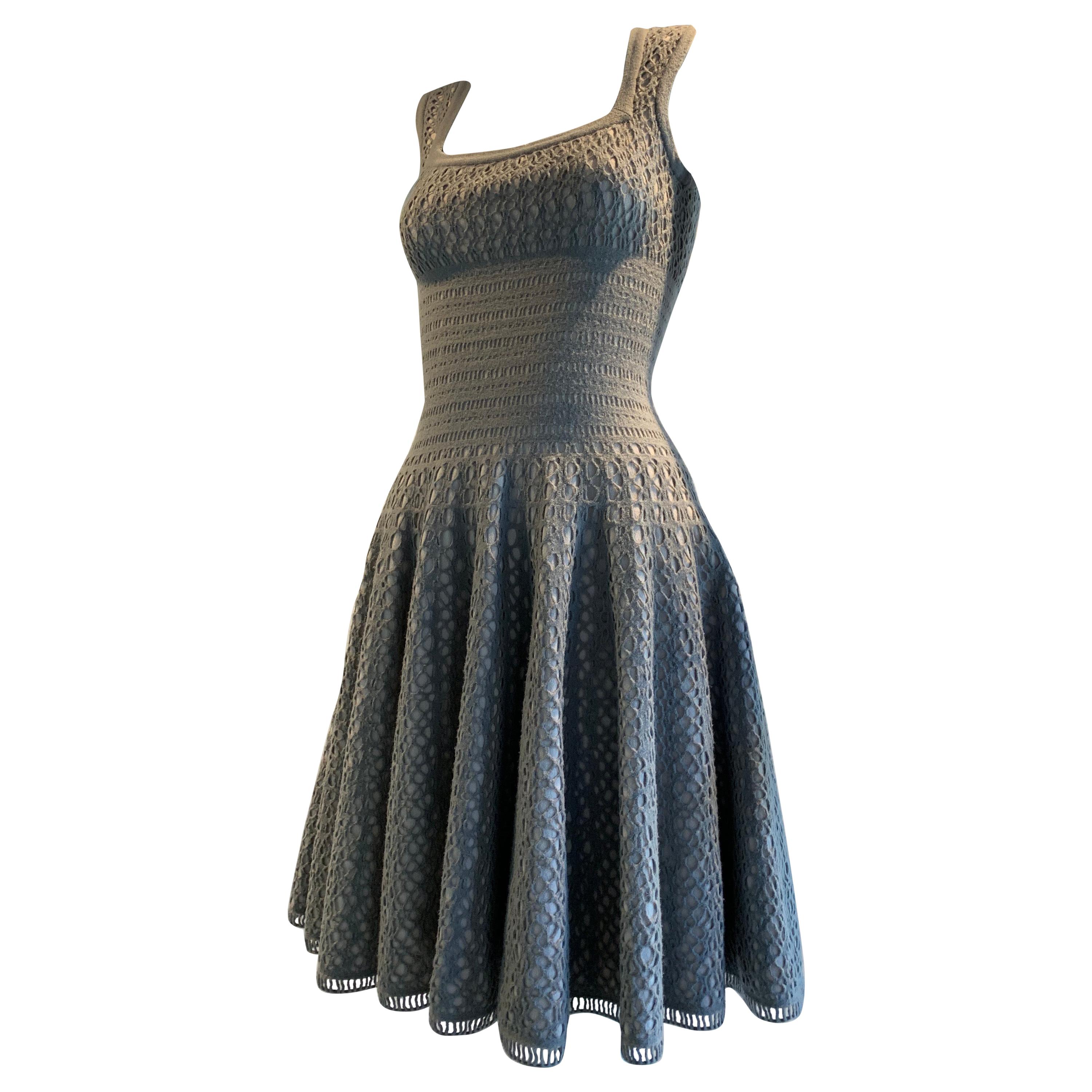 Vintage Azzedine Alaia Dove Grey Signature Elastic Open-Knit Day Dress