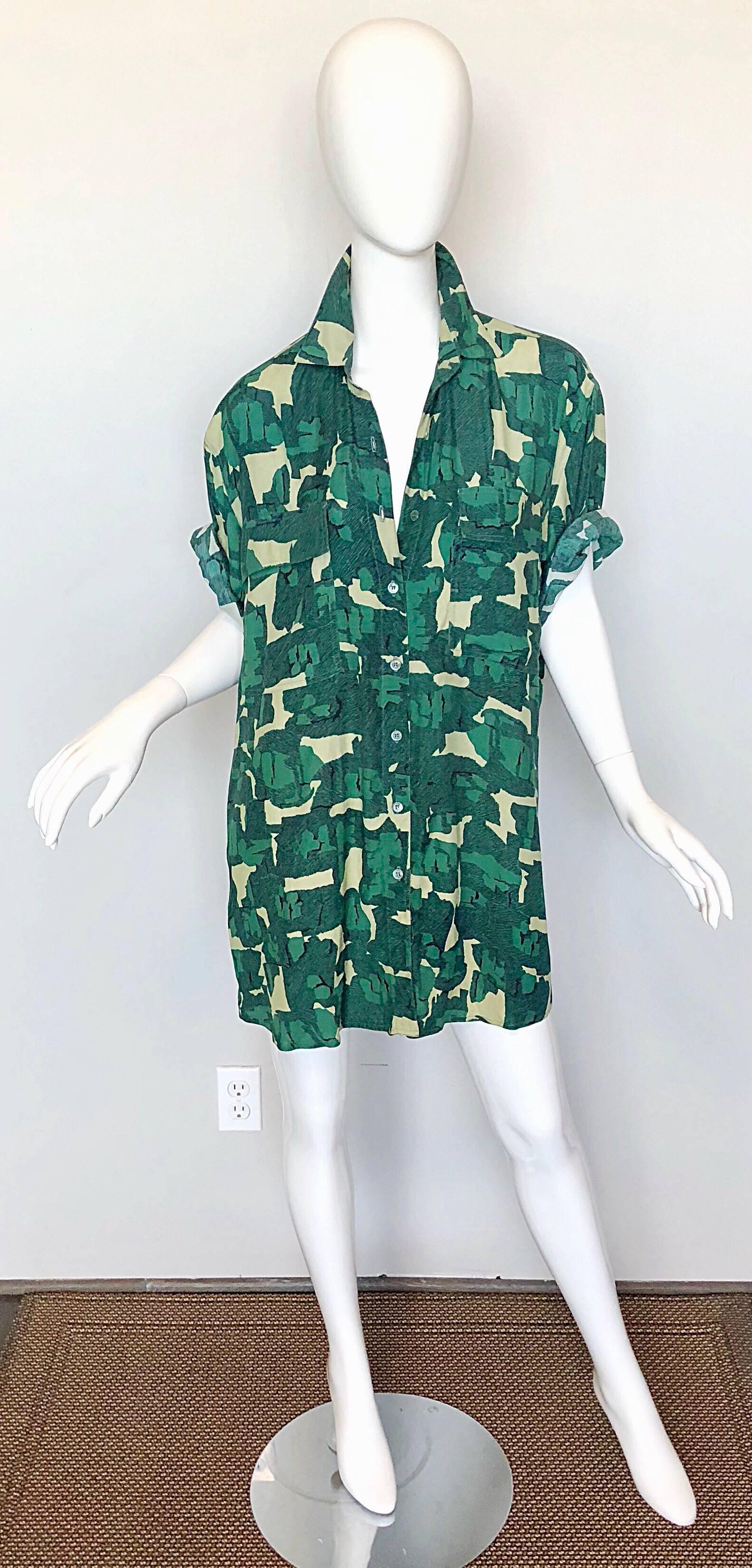 Amazing and rare 1980s AZZEDINE ALAIA oversized slouchy camo print rayon shirt dress! Features an easy to wear versatile baggy fit that is surprising sexy and flattering. Can be worn as either a shirt or dress, belted or alone. Buttons up the front