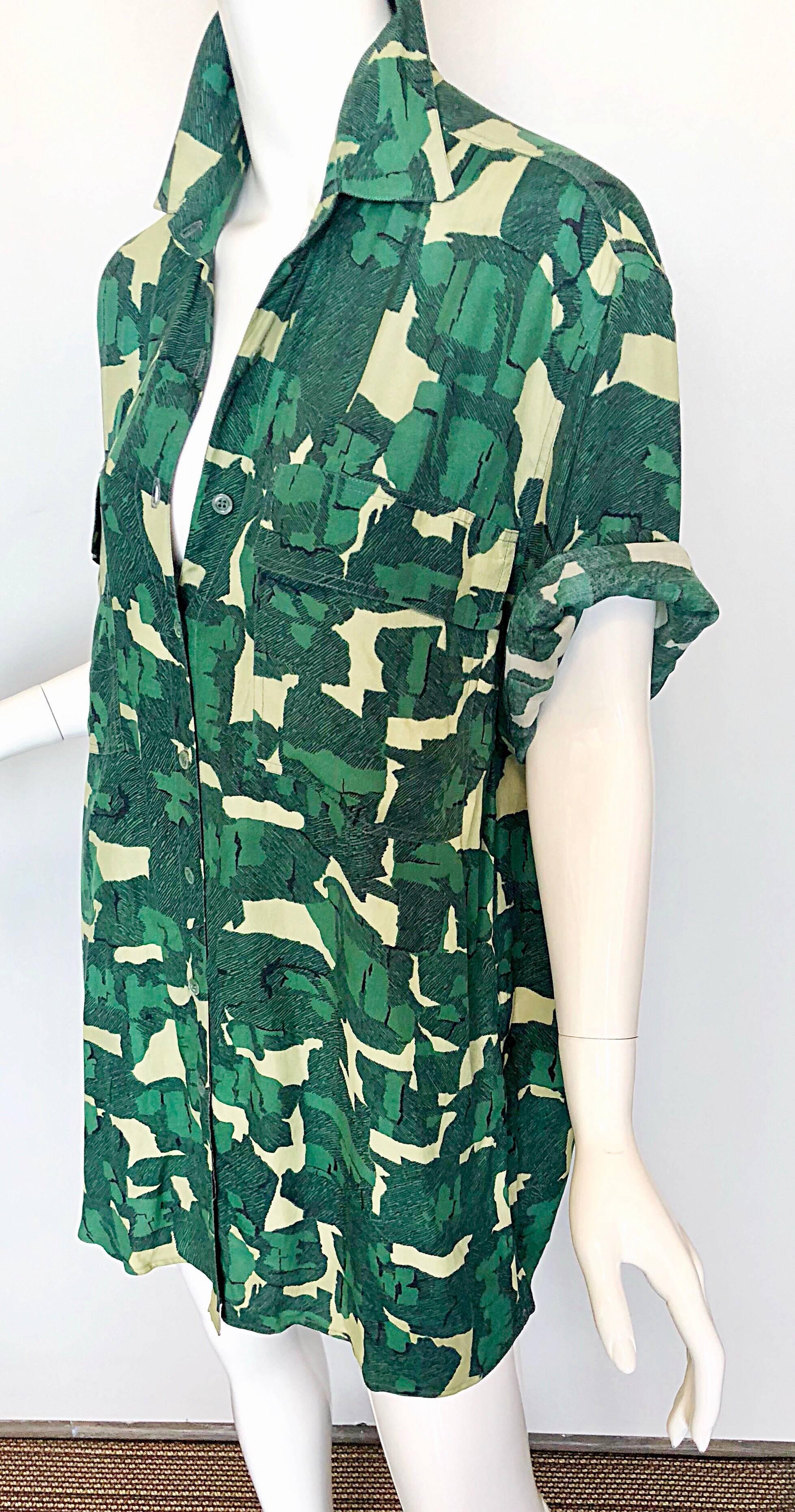 Women's Vintage Azzedine Alaia Rare Camouflage Green Oversized Slouchy 80s Shirt Dress