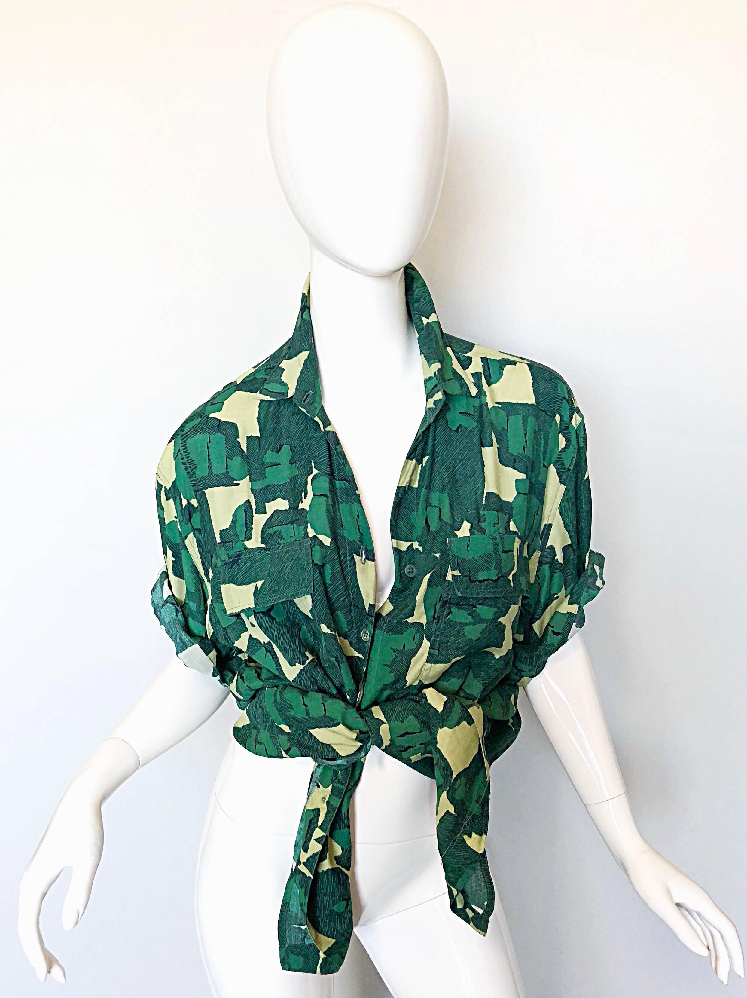 Vintage Azzedine Alaia Rare Camouflage Green Oversized Slouchy 80s Shirt Dress 1
