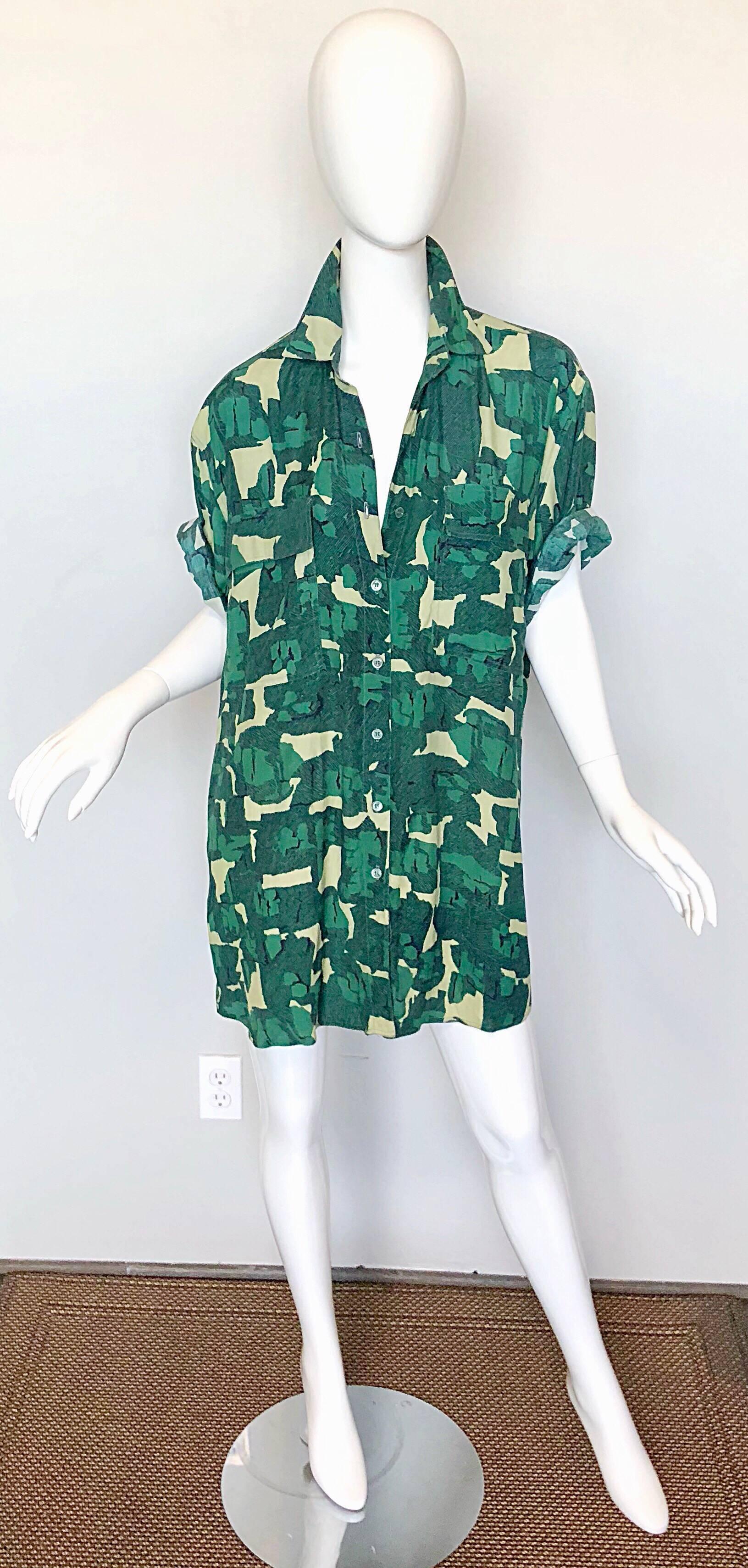 Vintage Azzedine Alaia Rare Camouflage Green Oversized Slouchy 80s Shirt Dress 2