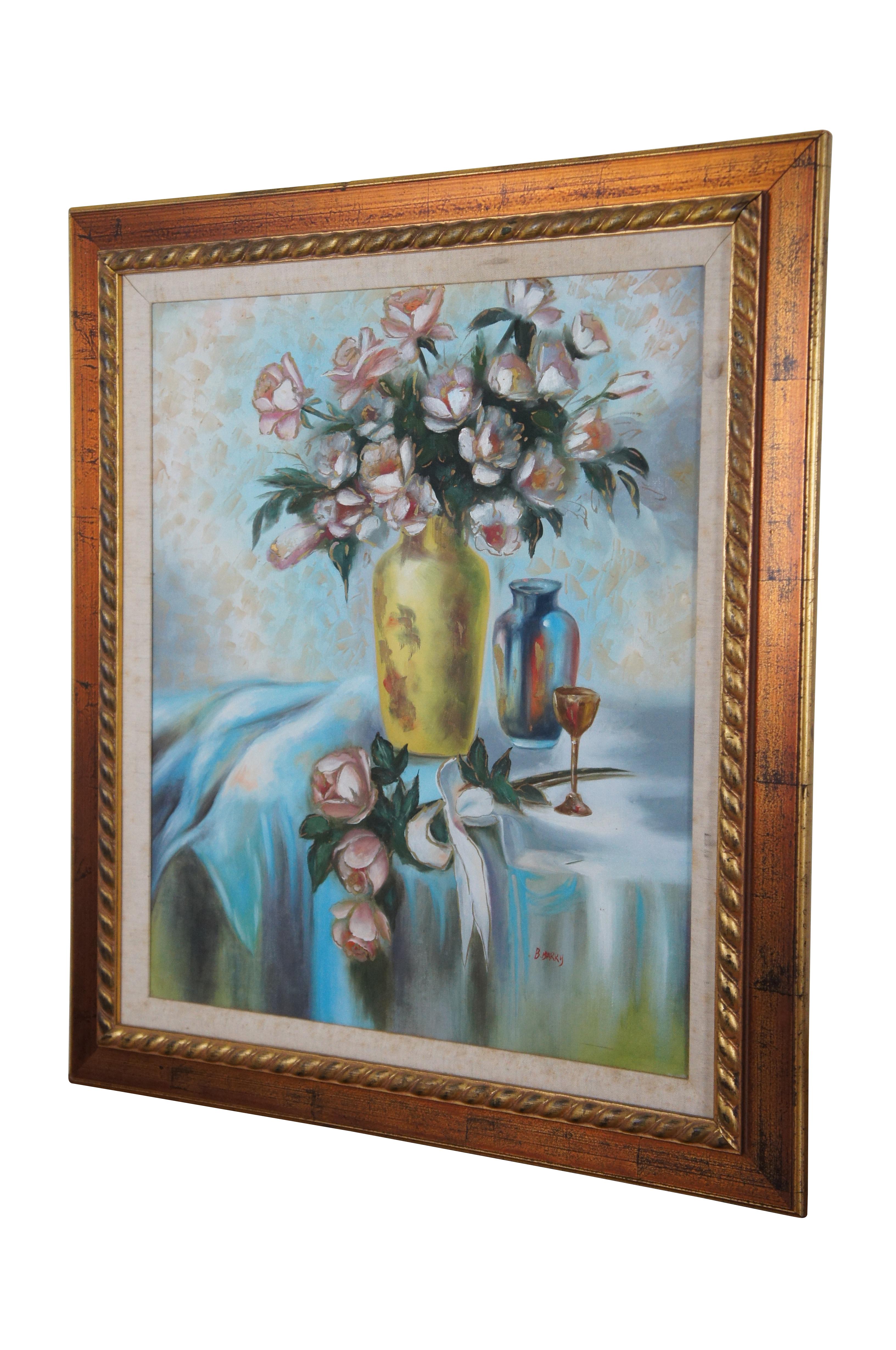 Vintage expressionist oil on canvas still life painting showing a bouquet of pink flowers in a yellow center vase, next to a vase and brass goblet on a blue and white tablecloth. Signed B. Barry in lower right. 

Dimensions:
26.5” x 1.25” x 30.5” /