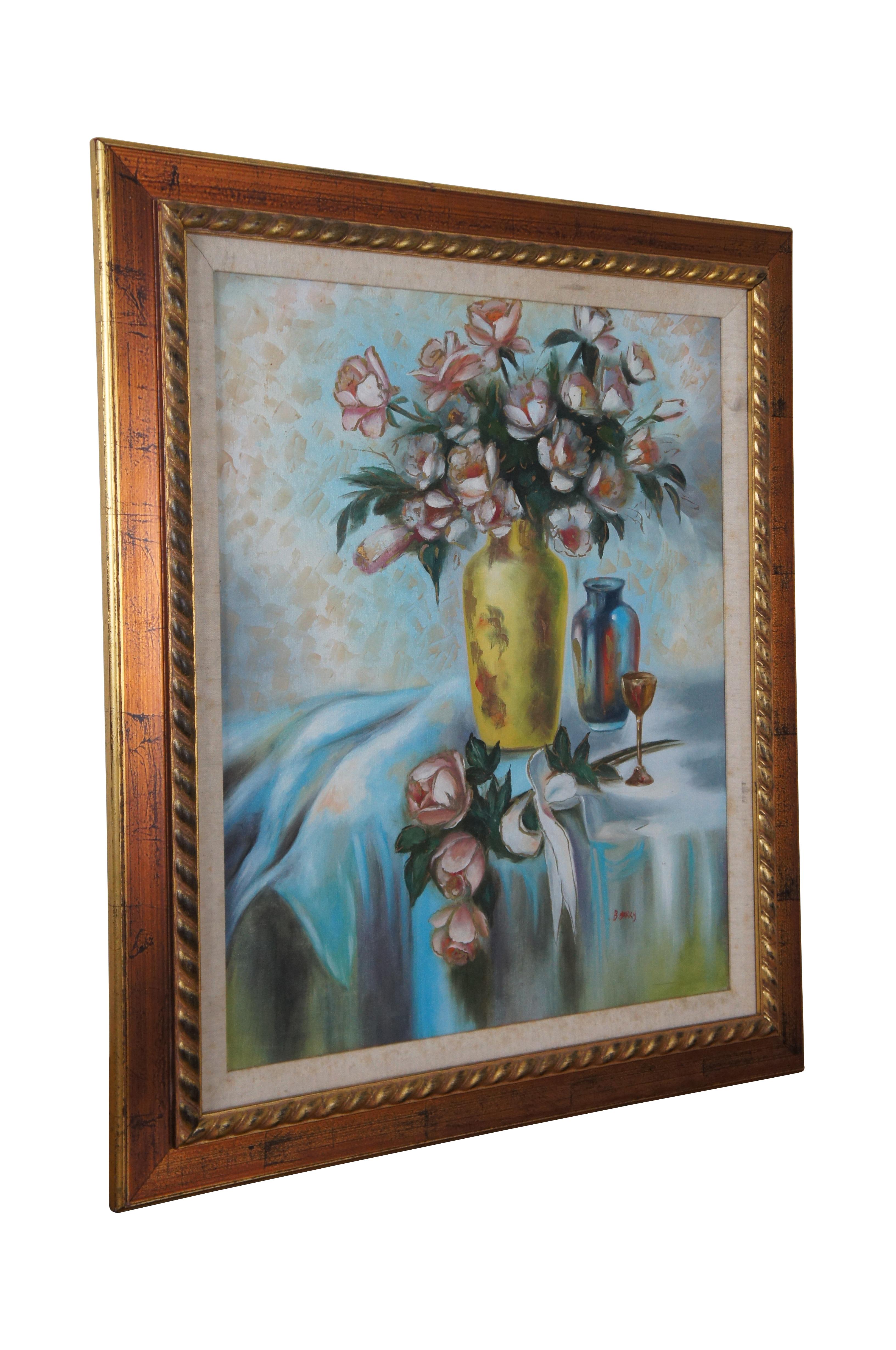 Expressionist Vintage B. Barry Floral Vase of Roses Still Life Oil Painting on Canvas 31