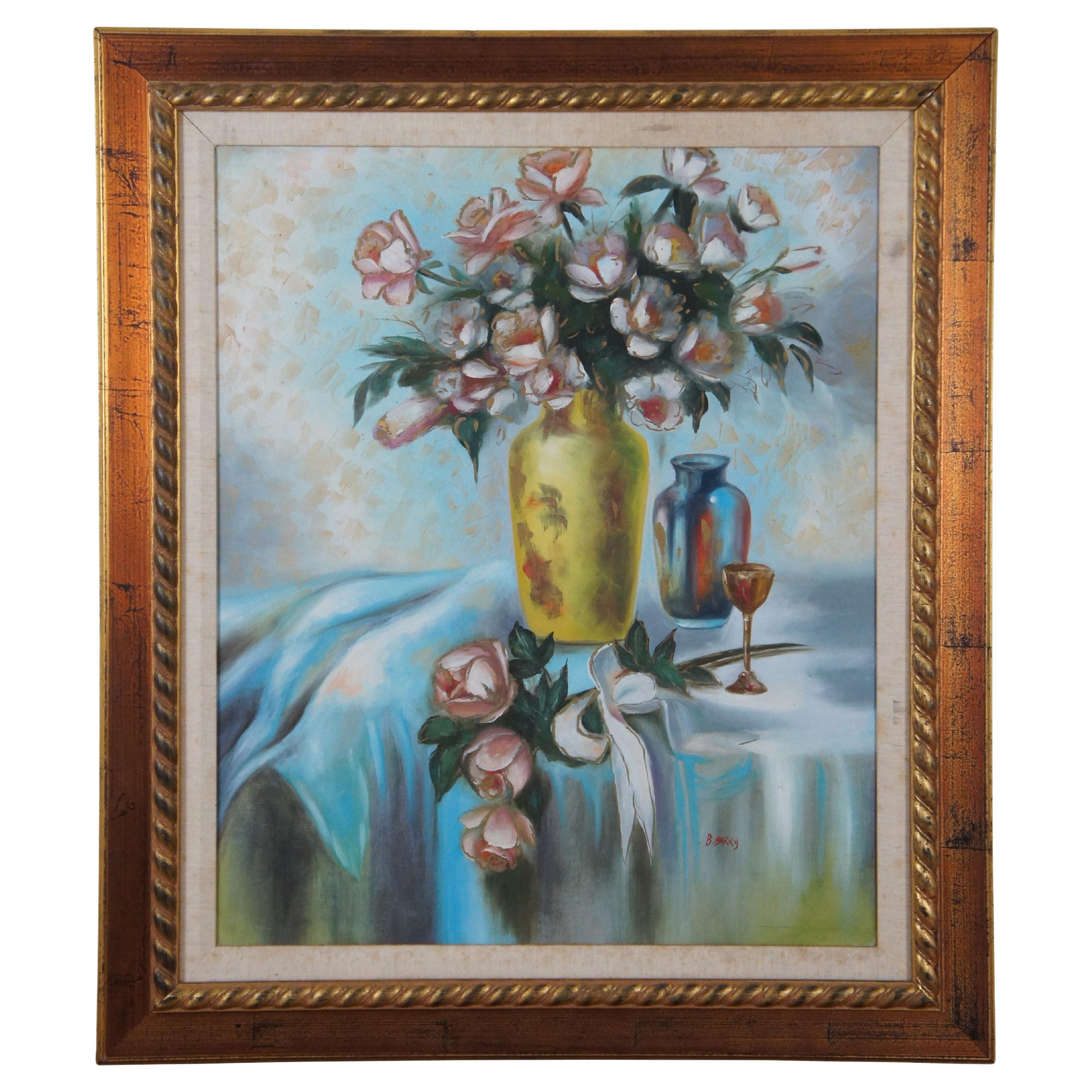 Vintage B. Barry Floral Vase of Roses Still Life Oil Painting on Canvas 31" For Sale