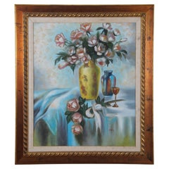 Vintage B. Barry Floral Vase of Roses Nature morte Peinture à l'huile sur toile 31".