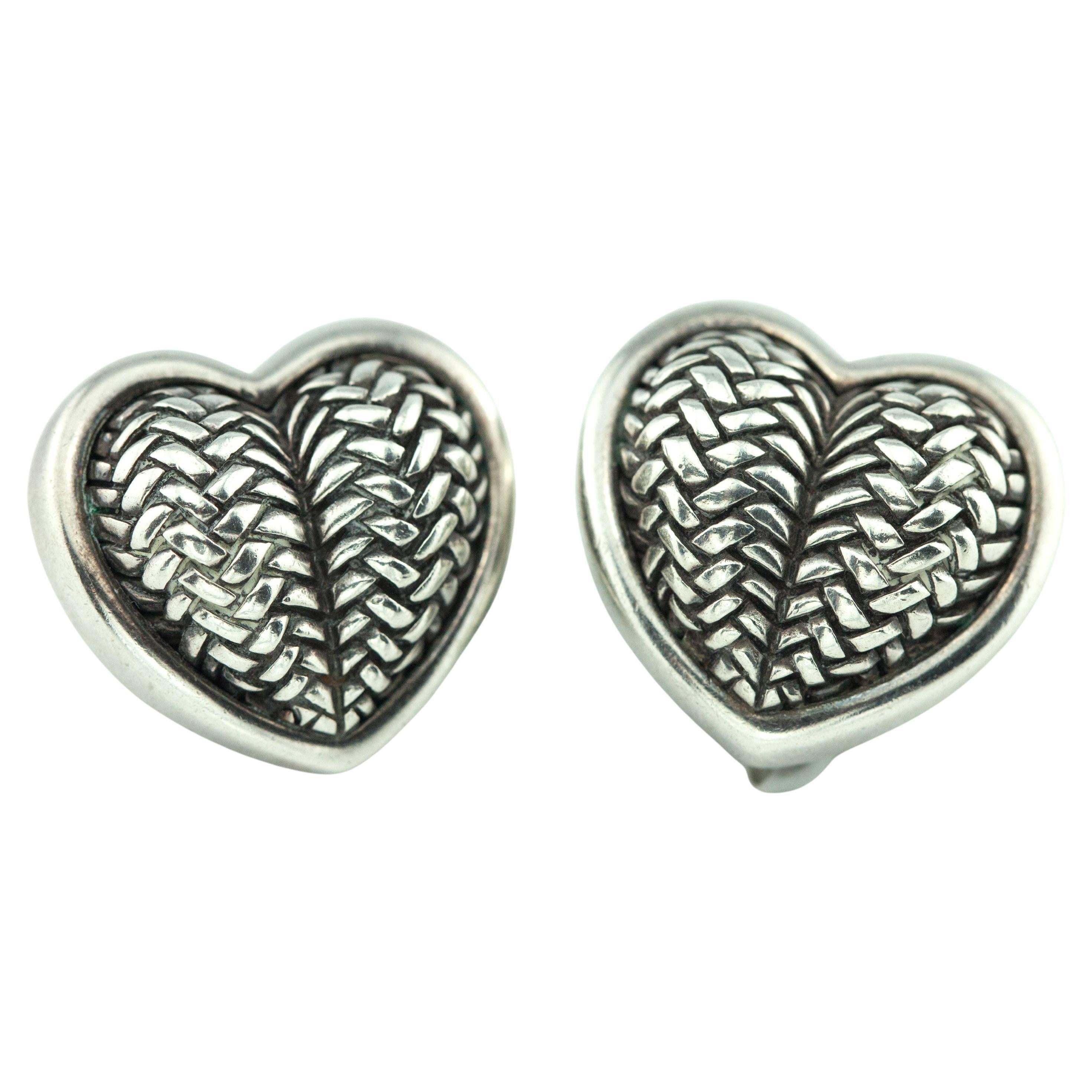 Vintage B. Keiselstein-Cord Large Sterling Silver Weave Heart Clip on Earrings