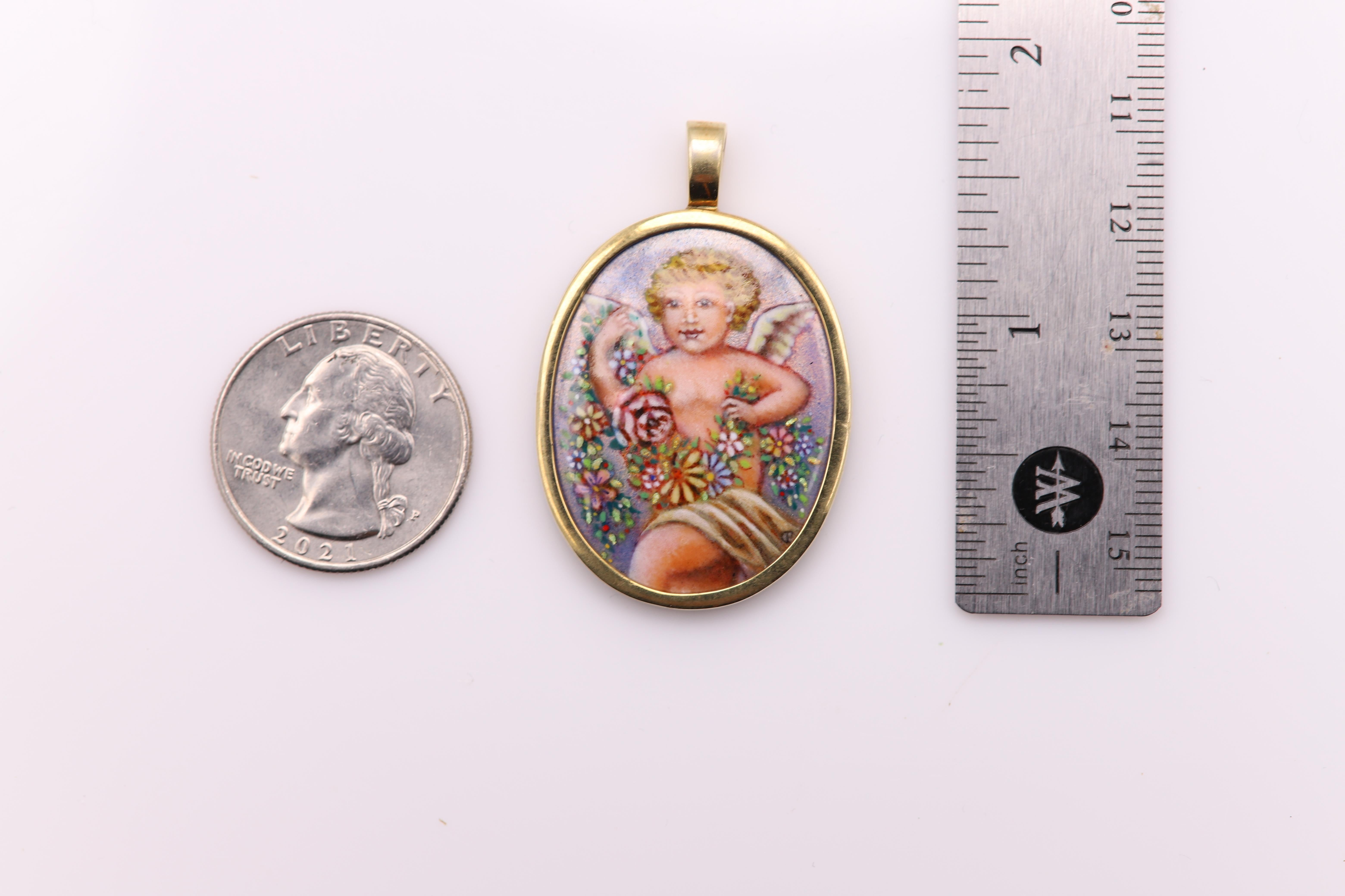 Unique Vintage baby Angel Enamel Art Hand Made in Spain
18k Solid Yellow Gold (& Sterling Silver 925 back part)
approx. weight 11.0 grams
Size: 35 x 28 mm ( 1.5' inch)
Chain not included
Gift Box Included
(rollmelt#2)