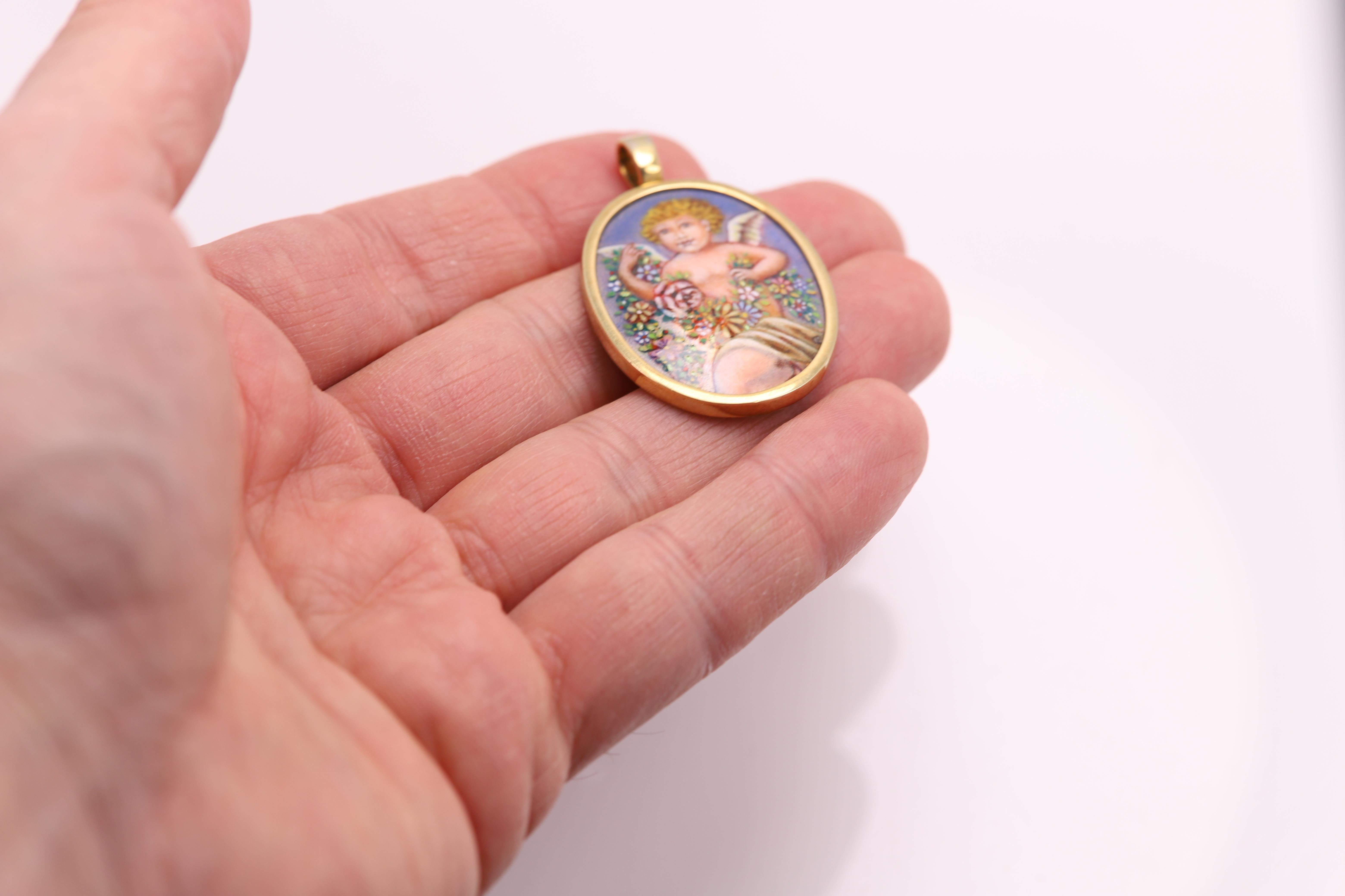 Vieux Bébé Ange Pendentif en argent sterling et émail 18 carats Art d'Espagne Pour femmes en vente