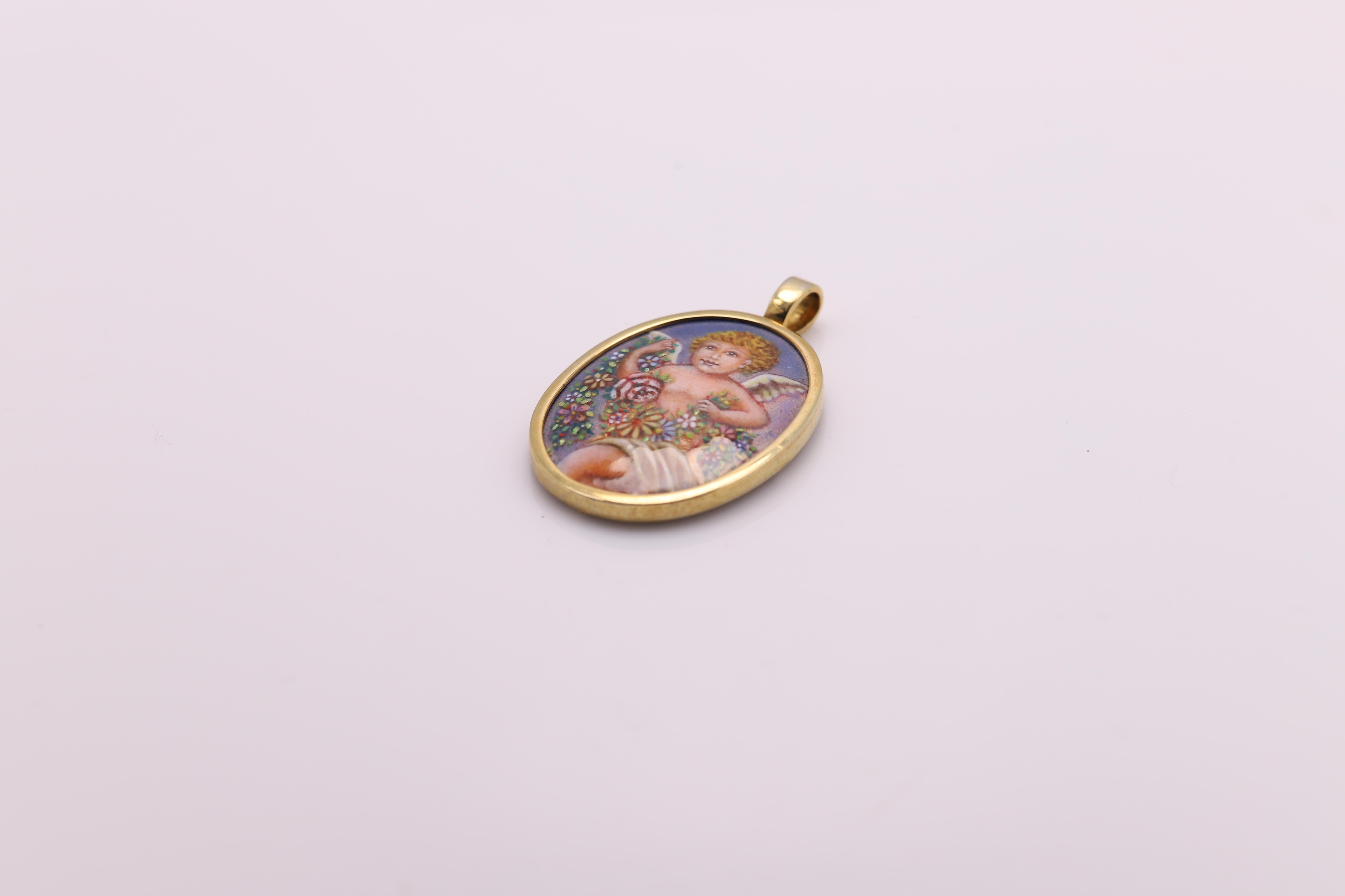 Vieux Bébé Ange Pendentif en argent sterling et émail 18 carats Art d'Espagne en vente 2