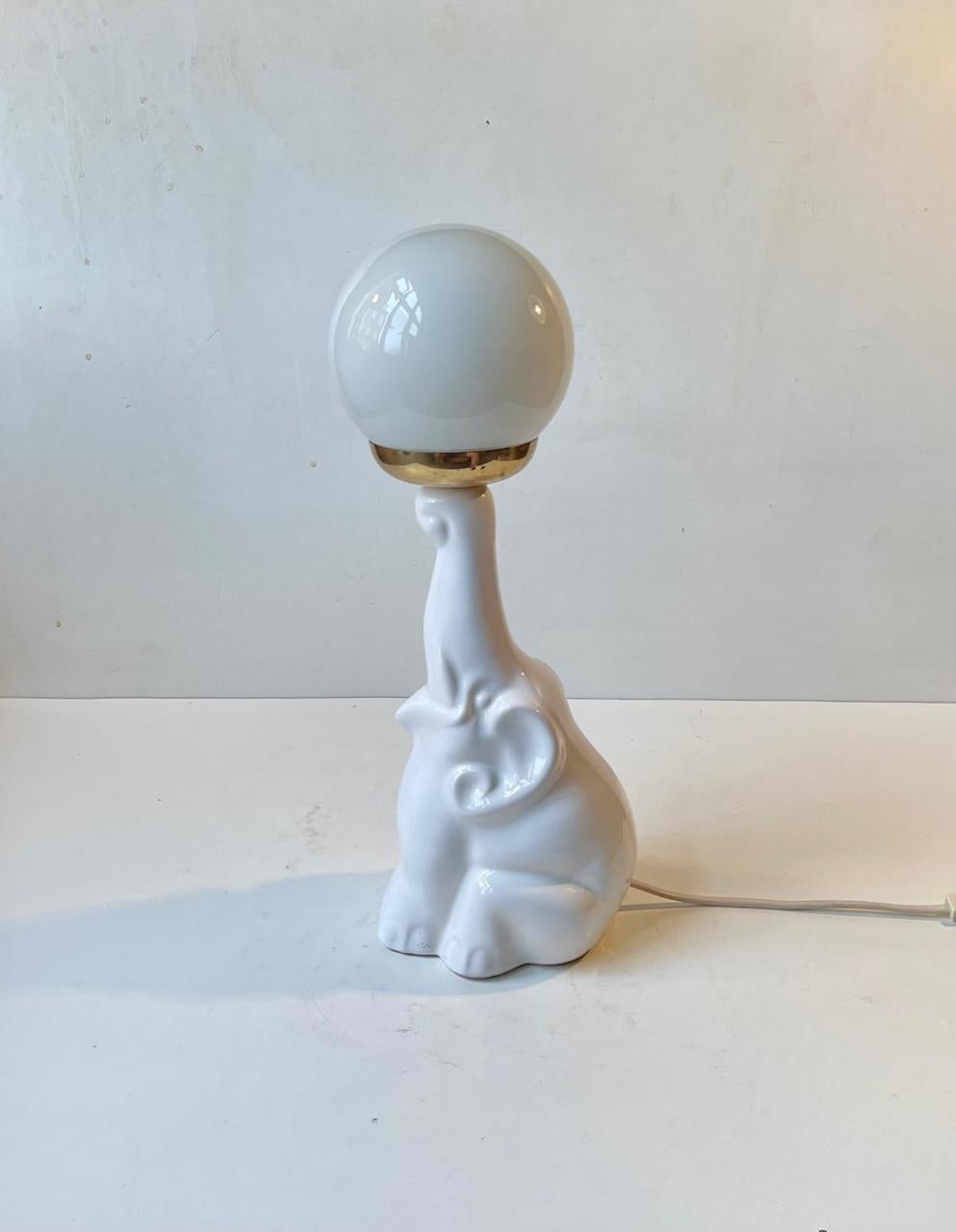 Brass Vintage Baby Elephant Table Lamp in White Porcelain, 1970s