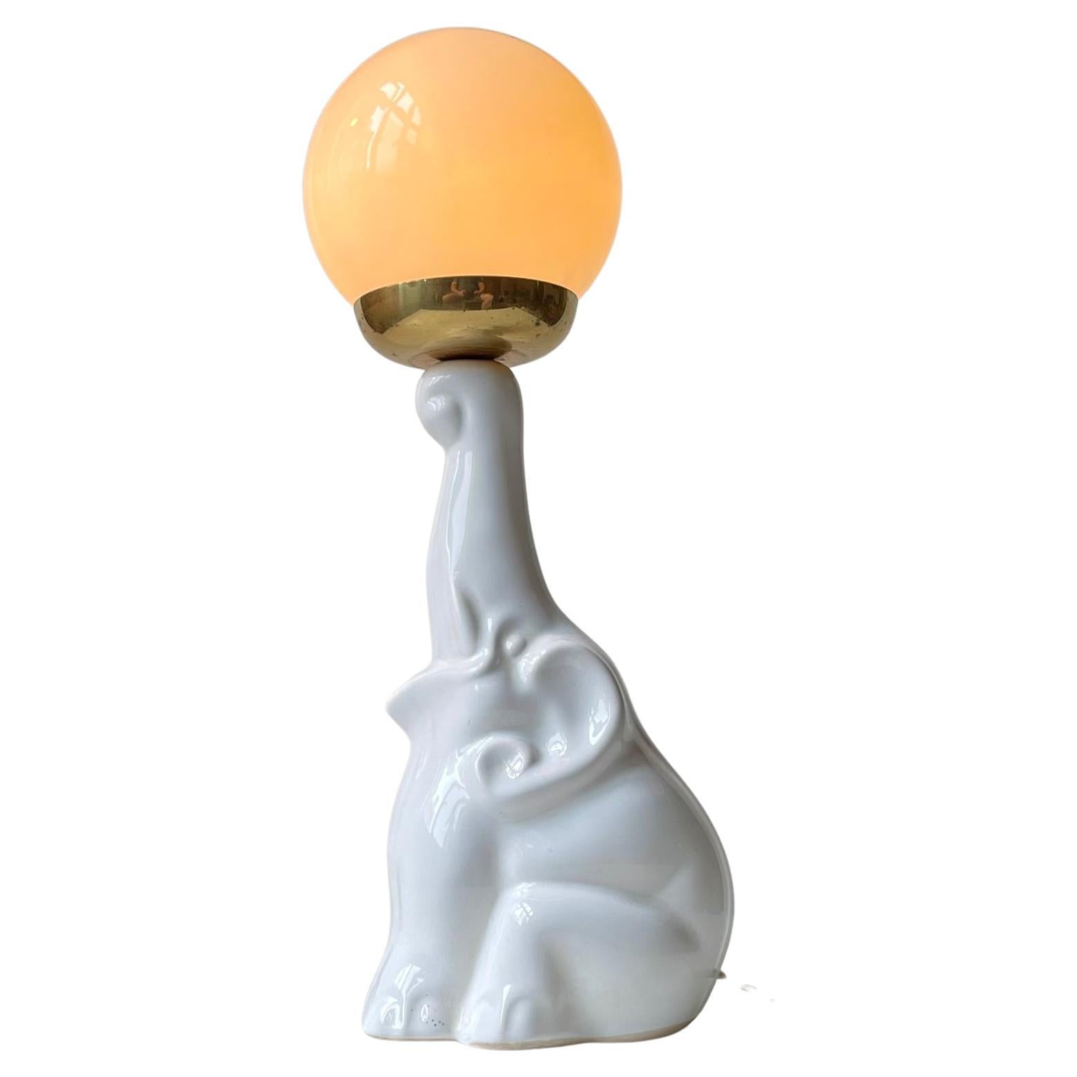 Vintage Baby Elephant Table Lamp in White Porcelain, 1970s