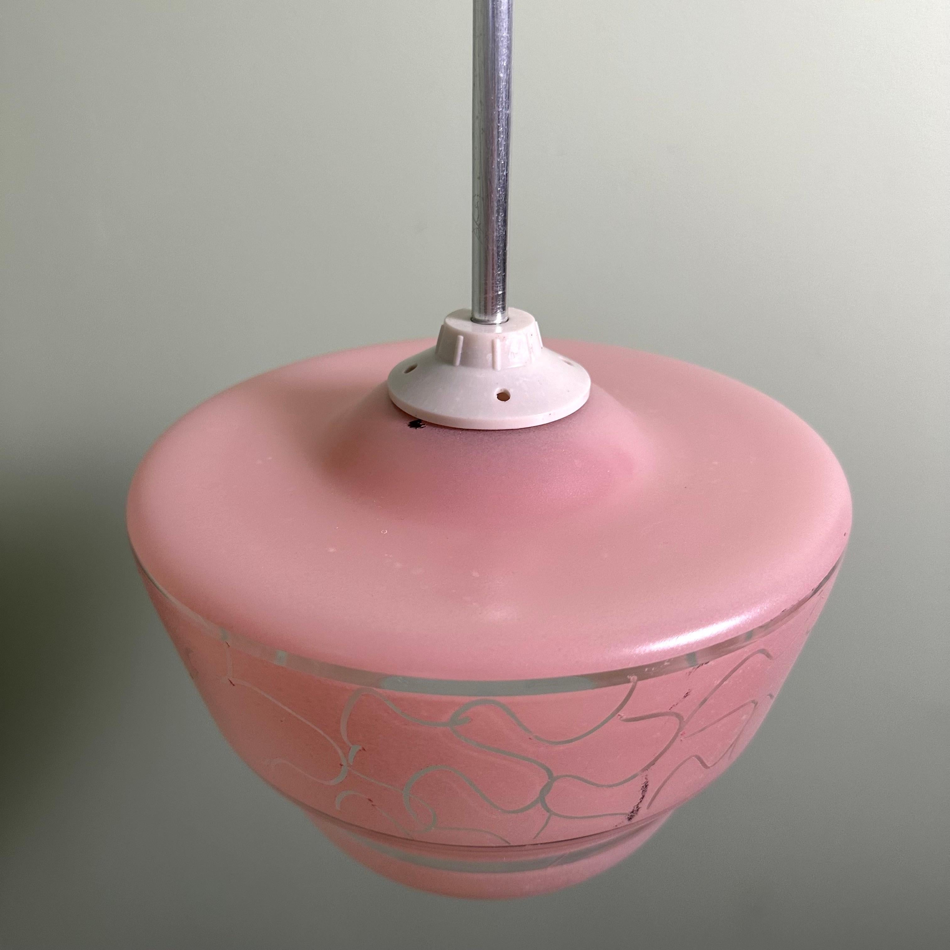 Pink Vintage Glass Ceiling Pendant with Etched Pattern In Good Condition For Sale In Amityville, NY