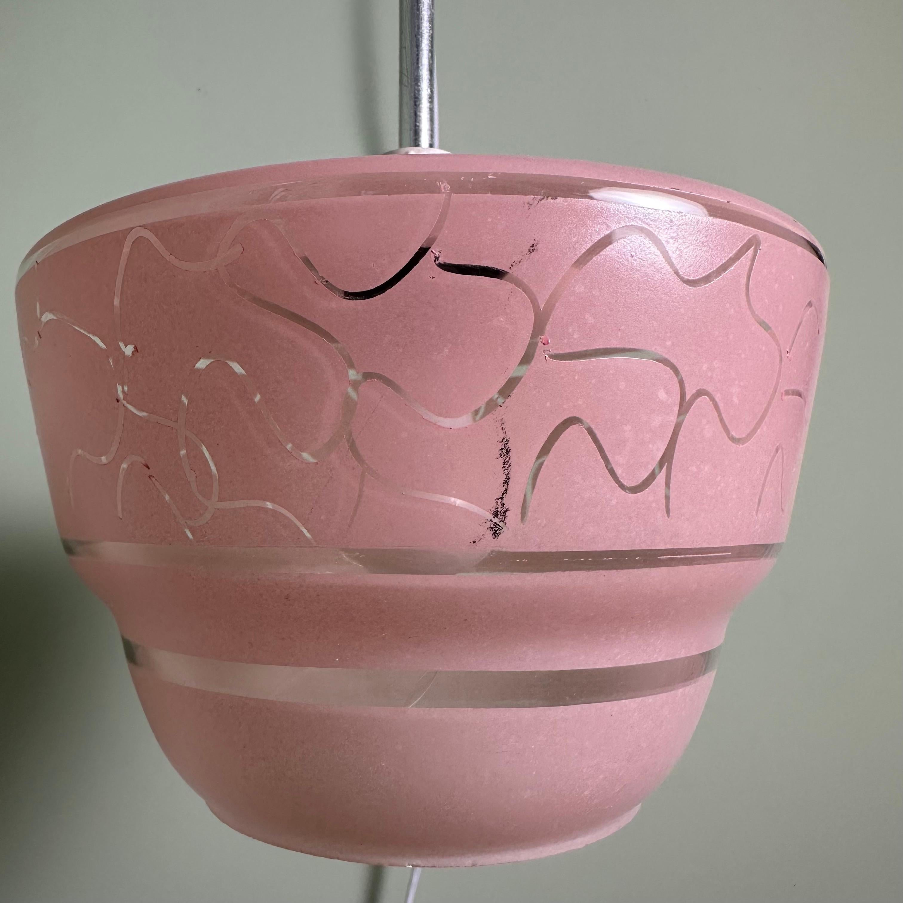 Metal Pink Vintage Glass Ceiling Pendant with Etched Pattern For Sale