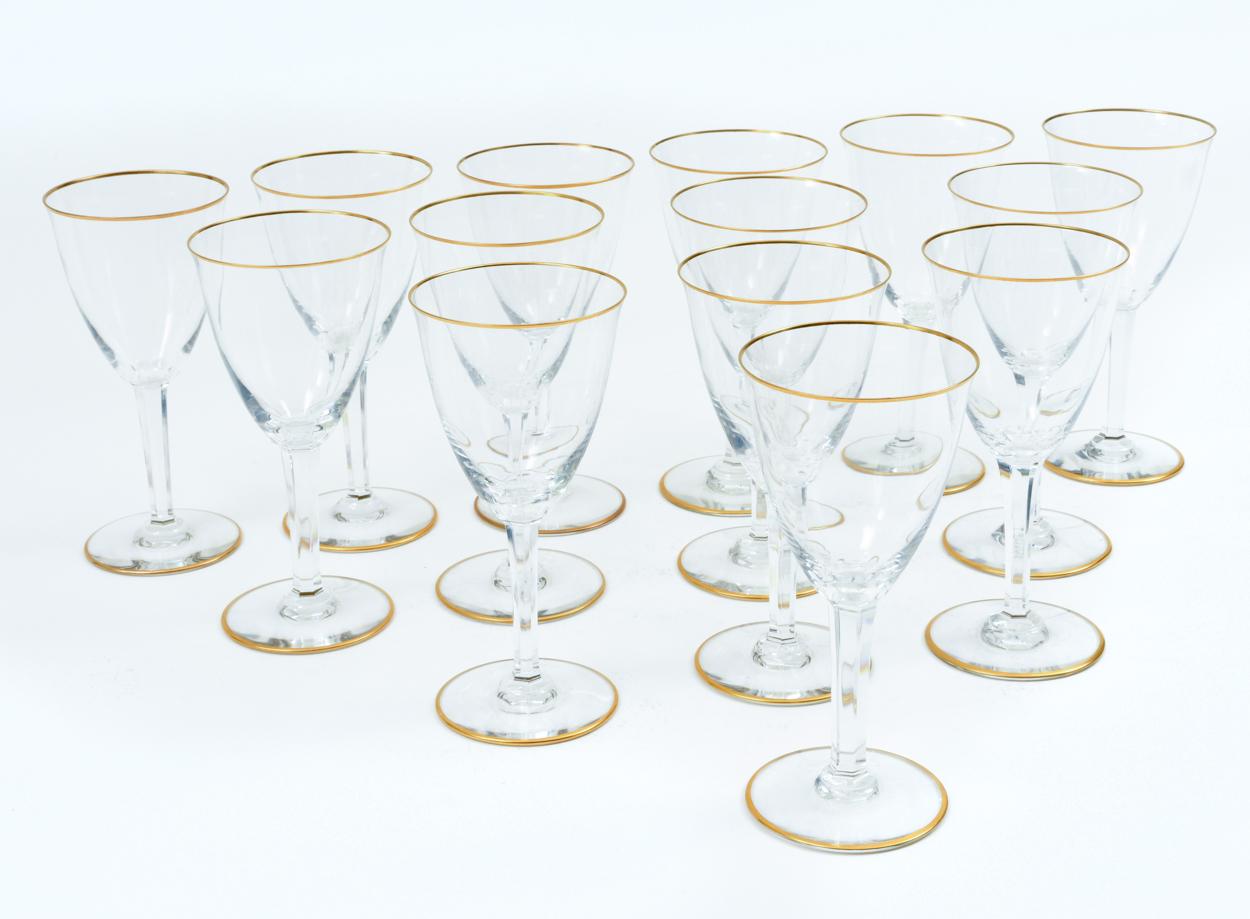 Vintage Baccarat crystal barware / tableware white wine with gold design details glassware service for 14 people. Each glass is in excellent vintage condition. Each one measure about 6.5 inches high x 3 inches base diameter.