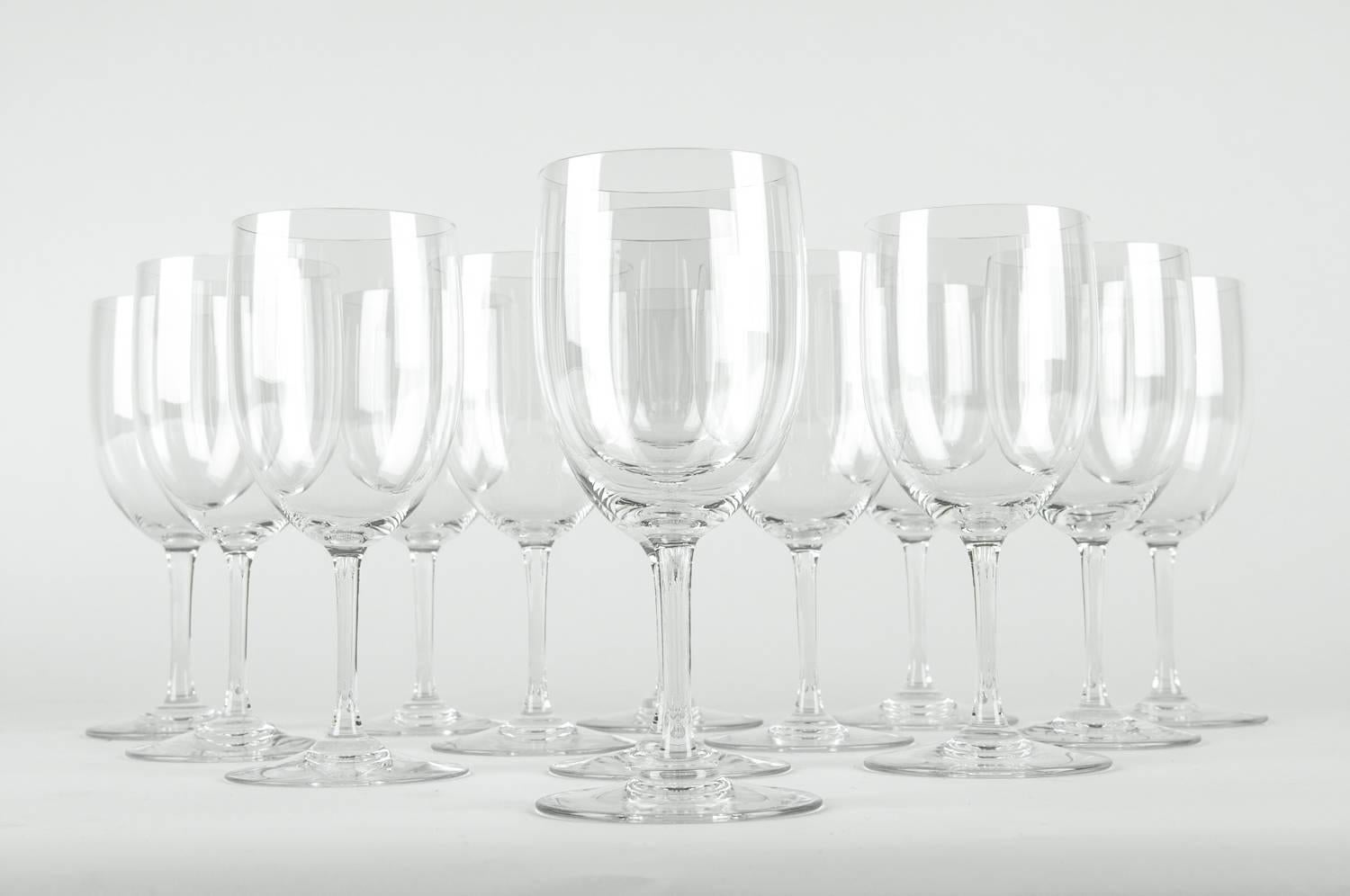 Vintage Baccarat crystal Art Deco style wine / water glassware set of 12 pieces. Each glass is in excellent condition. Maker's mark undersigned. Each glass measure about 6 inches high x 2.5 inches diameter.