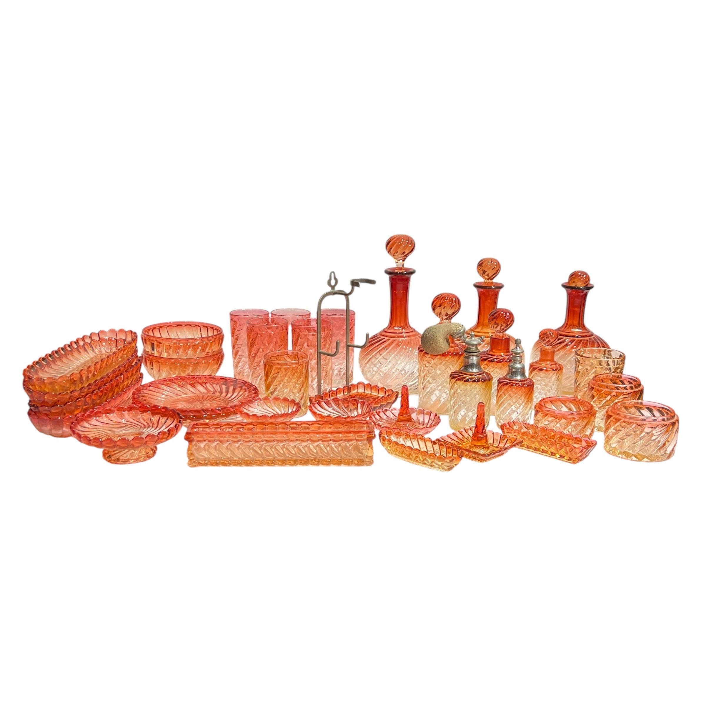 Collection of vintage (mid-century) barware and vanity glassware in the Rose Tiente pattern by Baccarat.  35 items in total, 19 signed DEPOSE BACCARAT and 16 others unsigned.

Signed pieces include: four large oblong candy or bonbon dishes; five