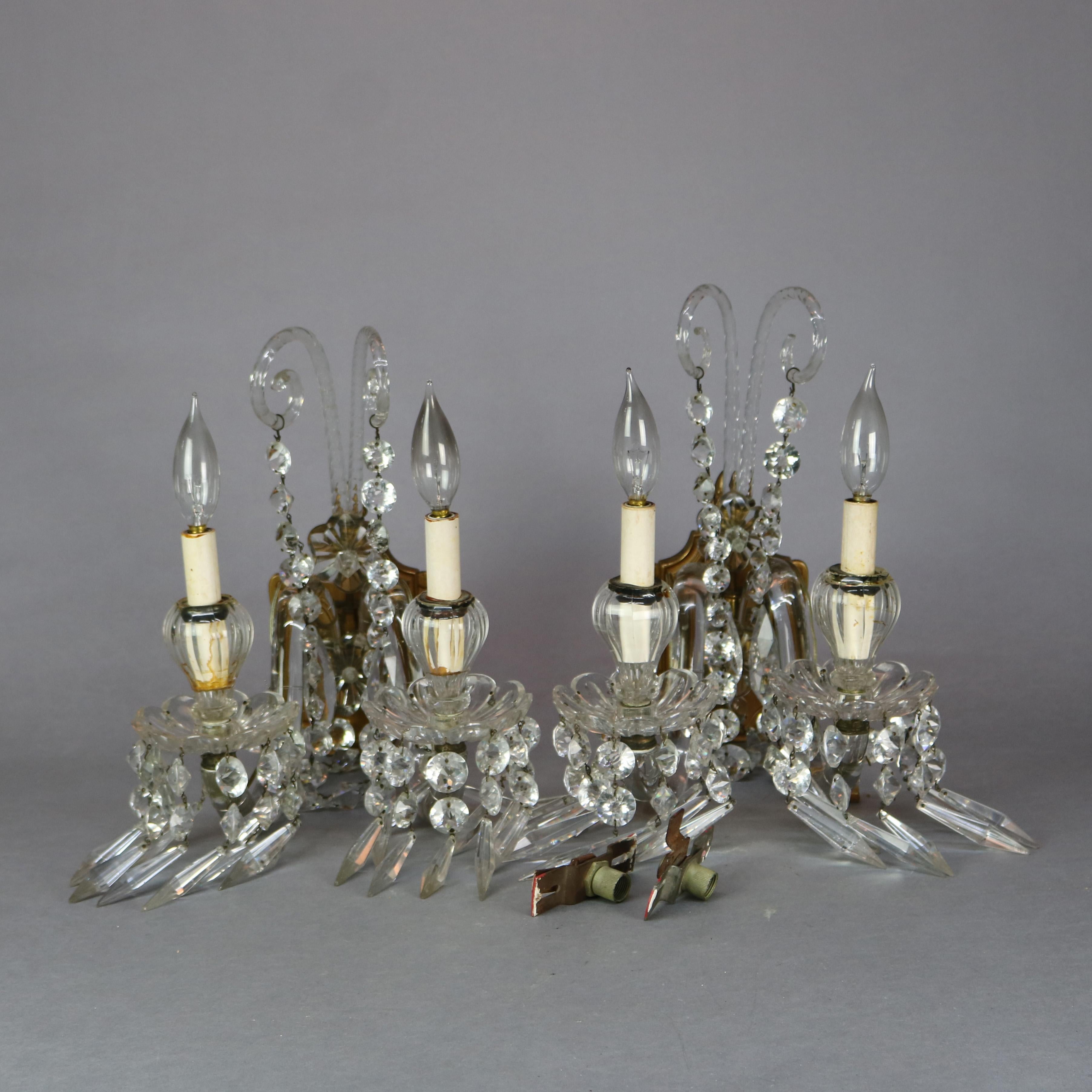 Vintage Baccarat School Cut Crystal & Bronze Double Candle Wall Sconces, c1940 4