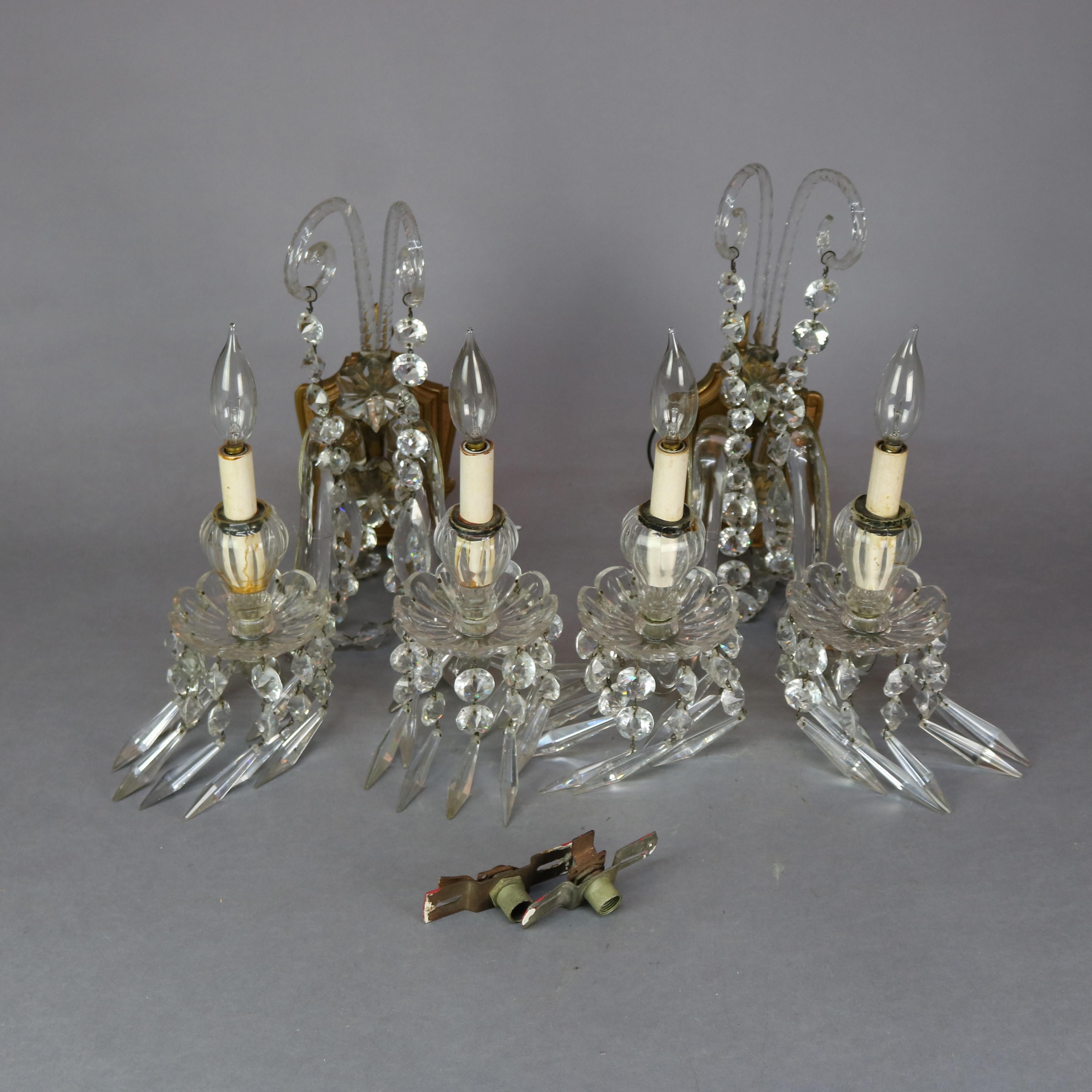 Vintage Baccarat School Cut Crystal & Bronze Double Candle Wall Sconces, c1940 5